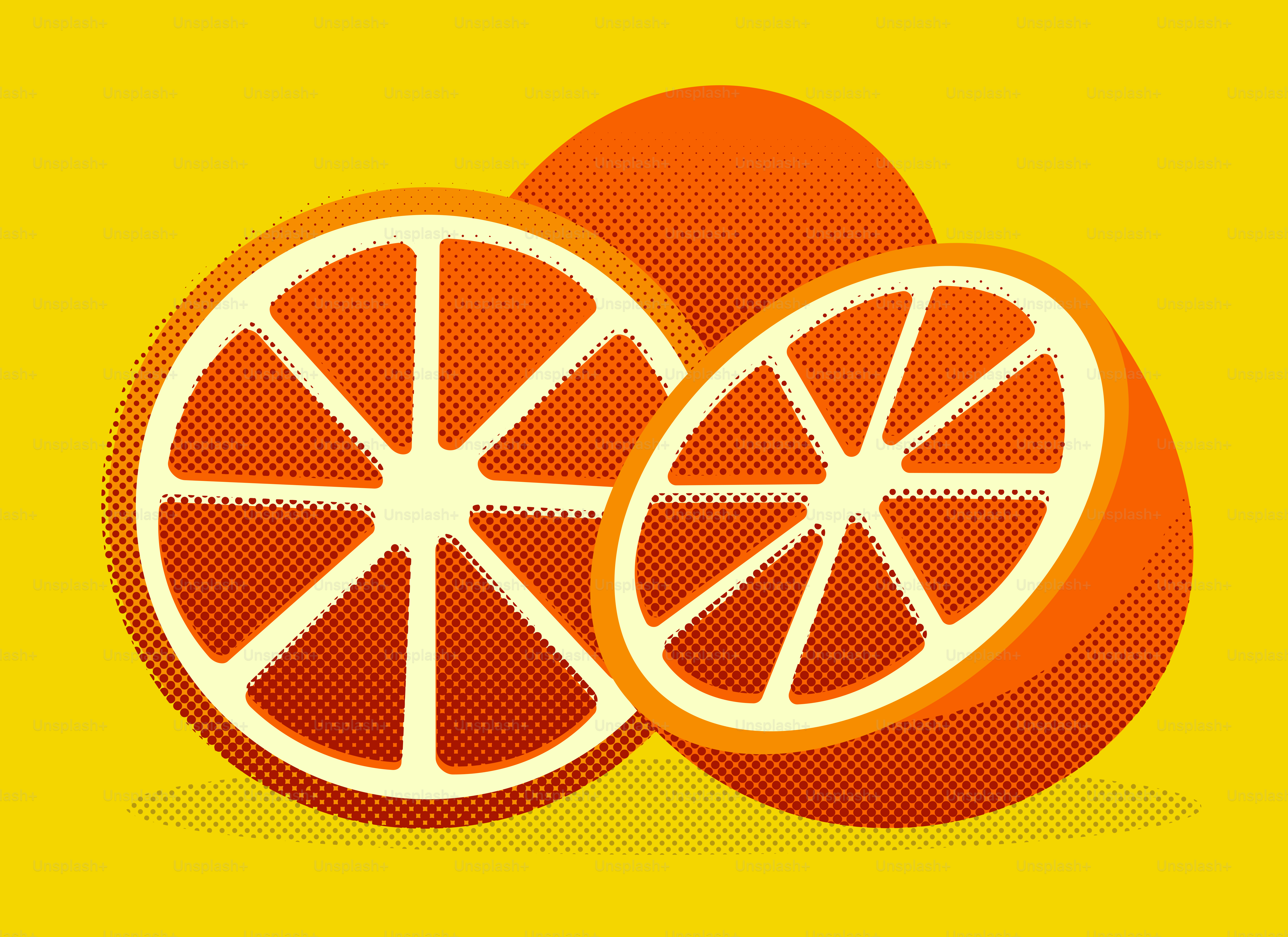 Naranjas pop art, una entera y dos mitades