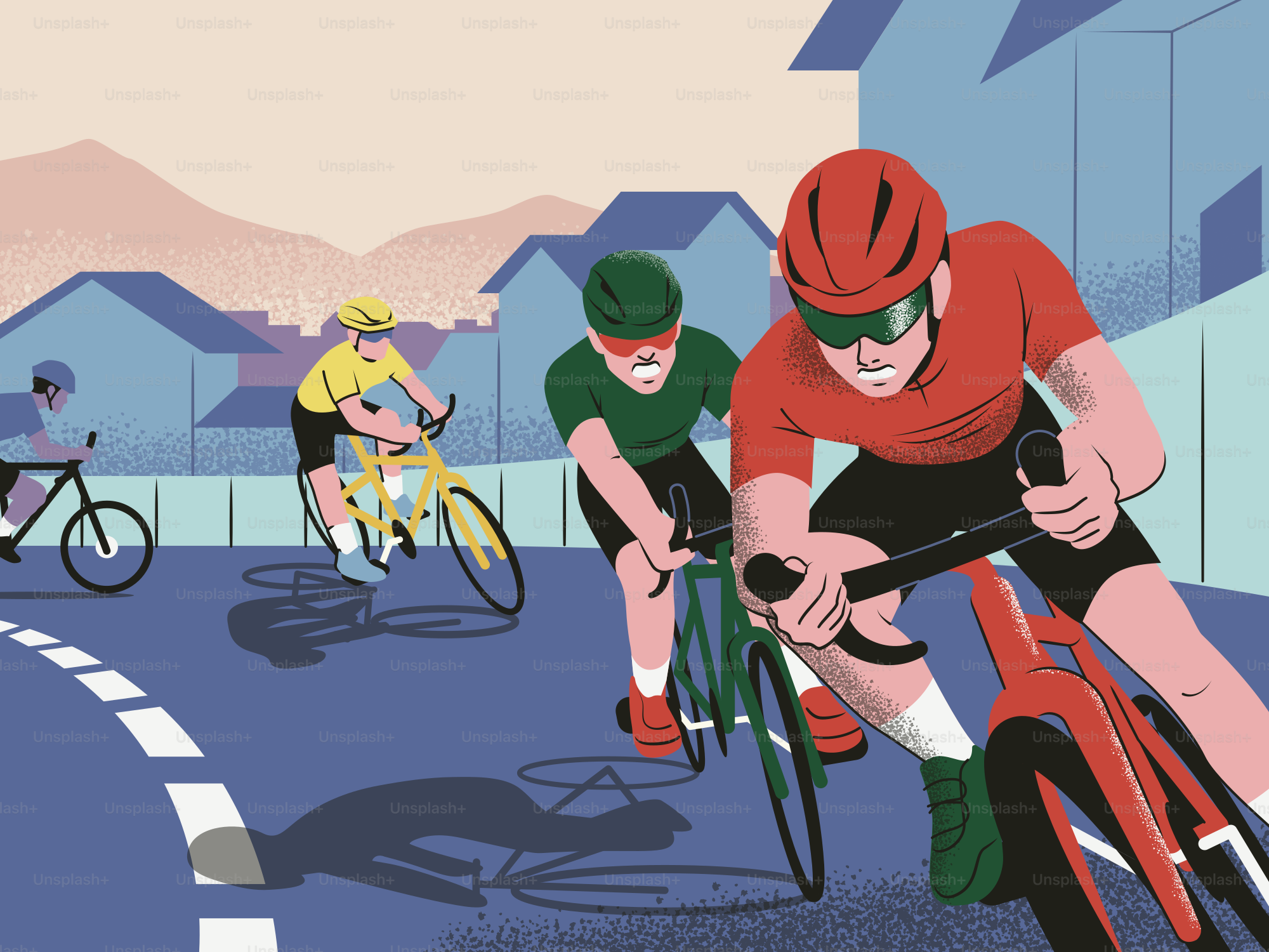 Cyclists racing on a road past houses