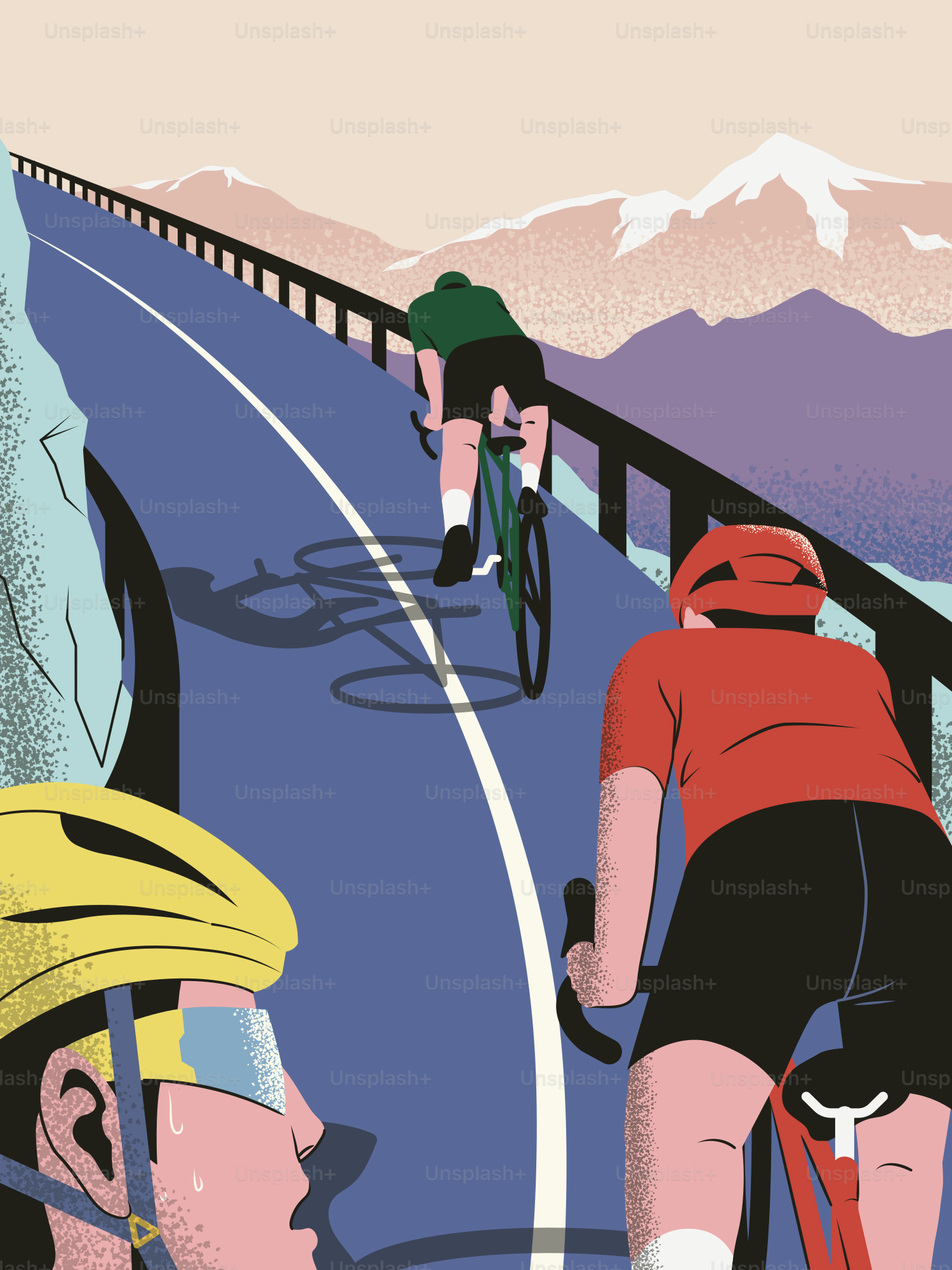 Cyclists riding uphill on a winding mountain road