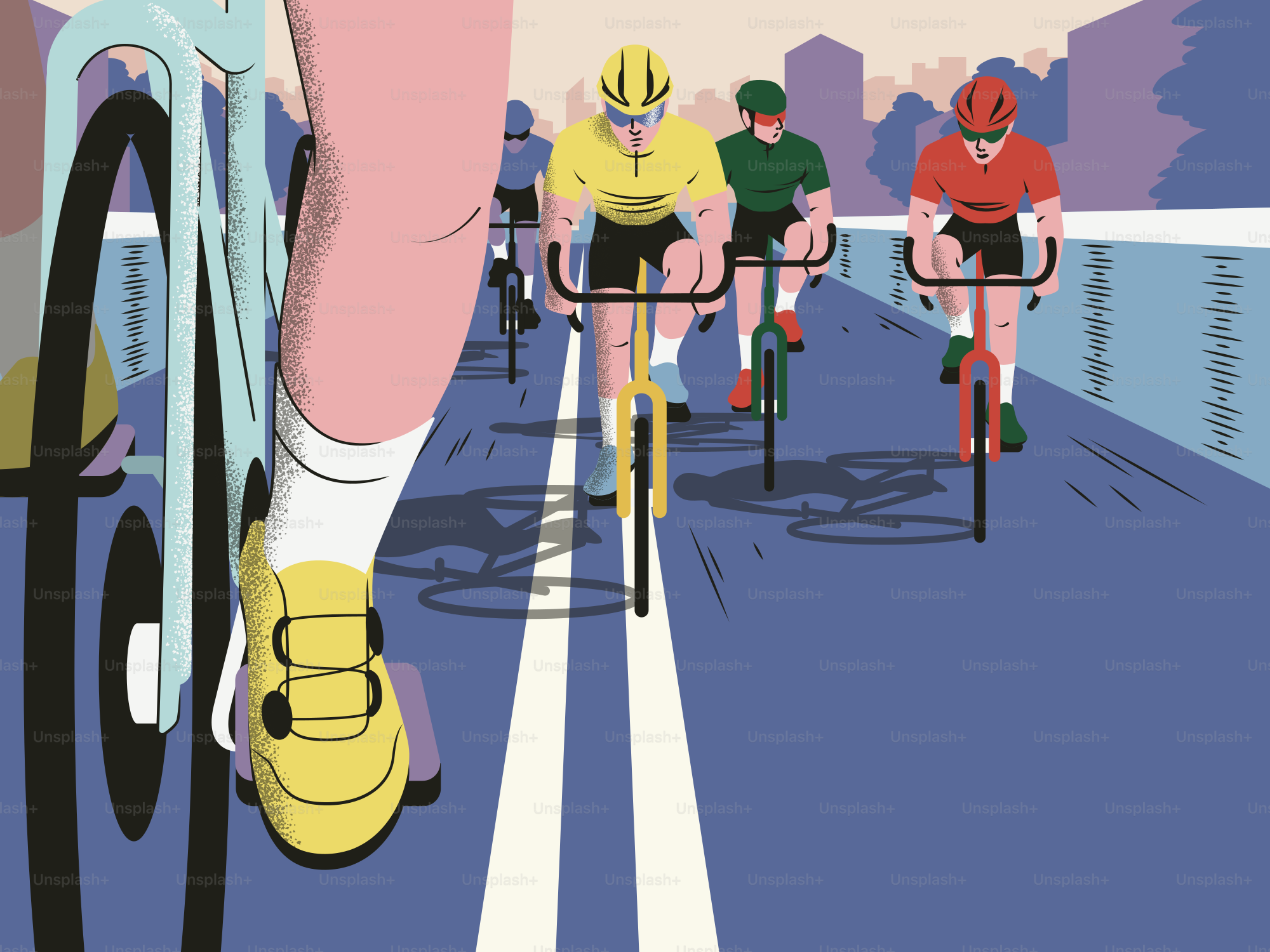 Cyclists racing on urban road with city skyline