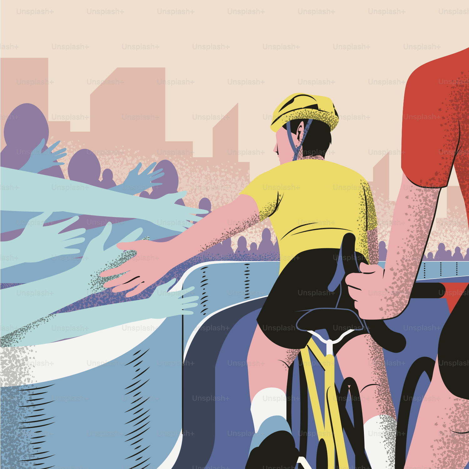 Cyclist reaching out to crowd during city race