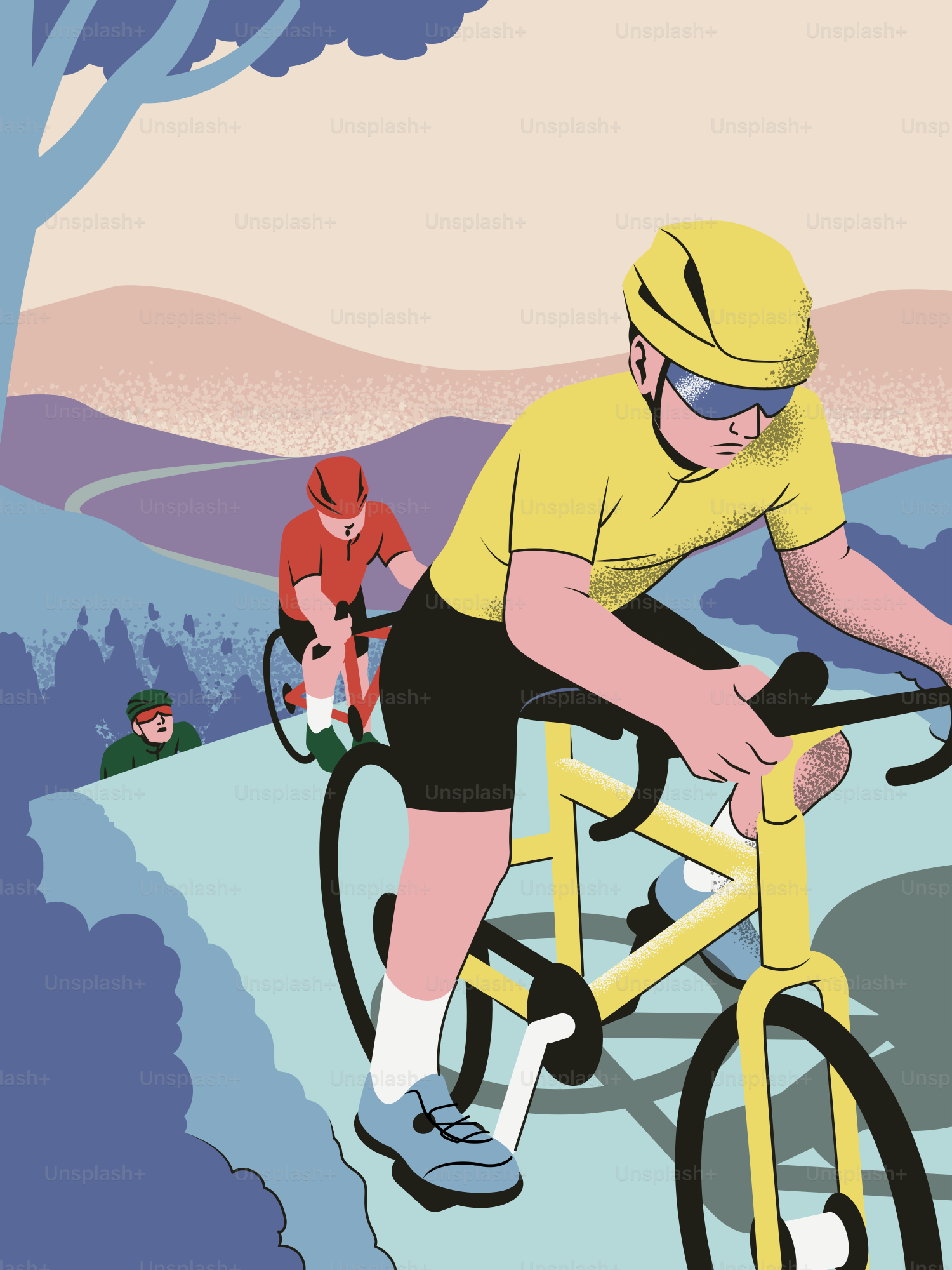 Cyclists riding bicycles on a winding road through hills