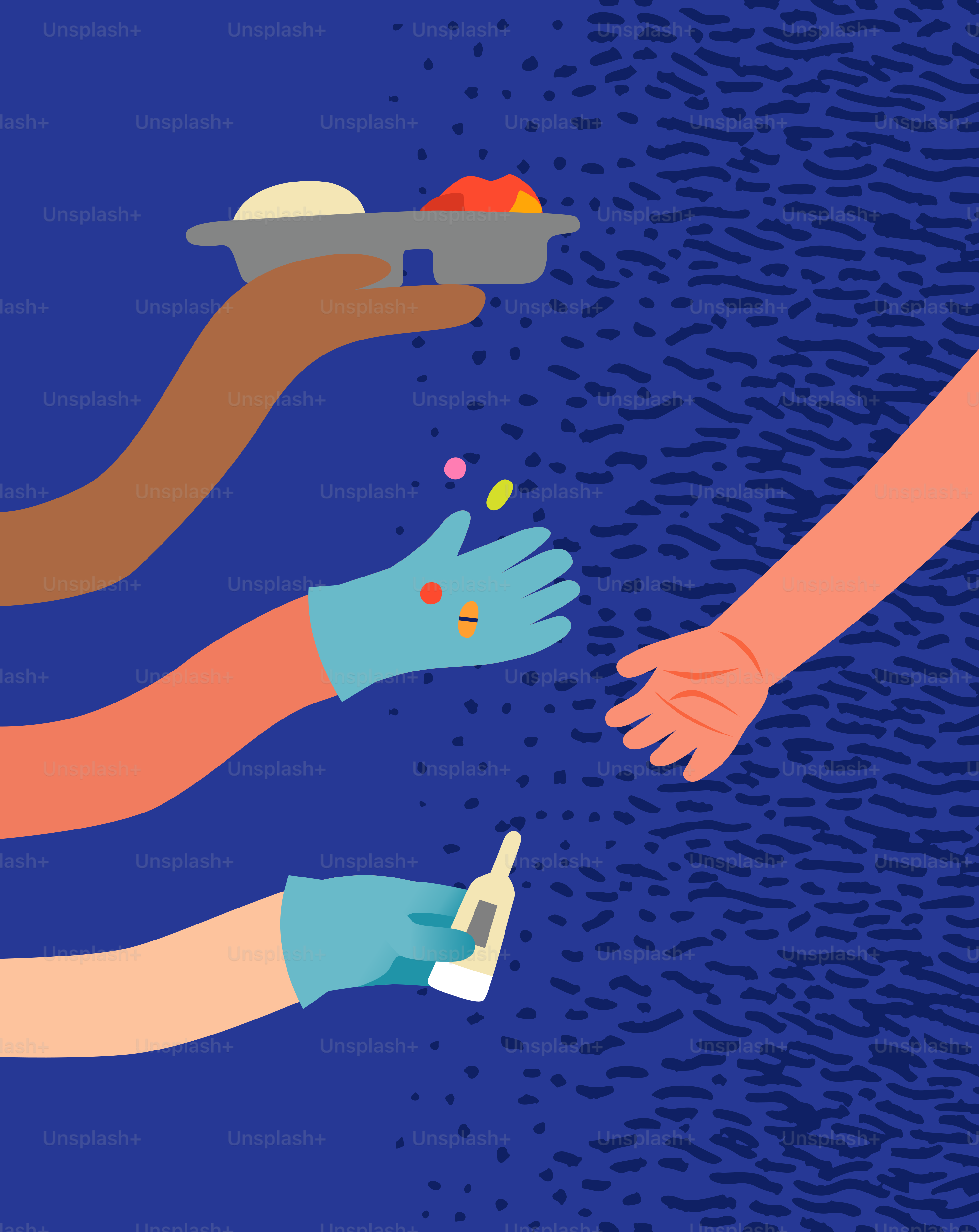 Des mains offrant nourriture, médicaments et soins