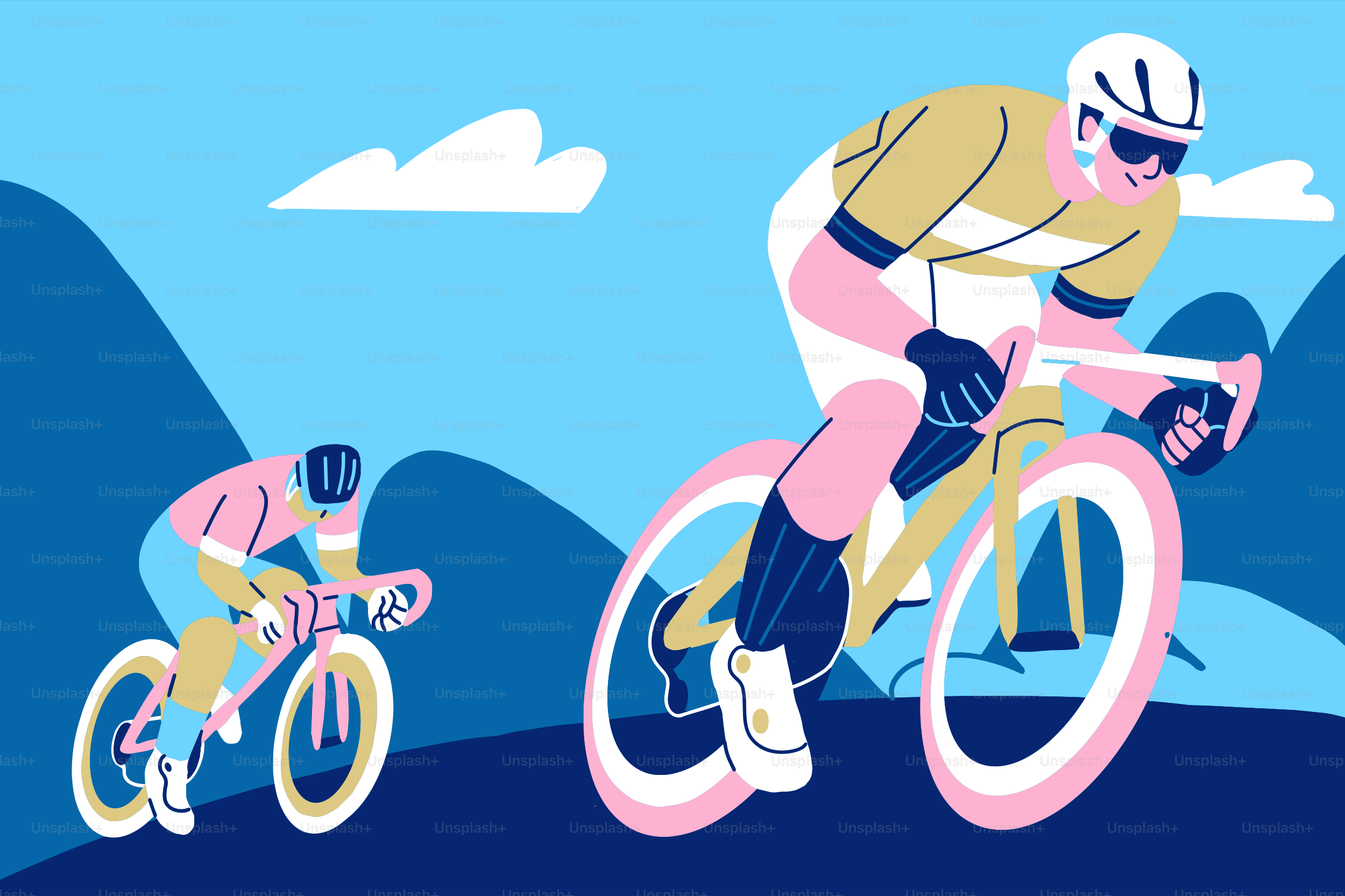 Ciclisti illustrati che pedalano in salita con le montagne