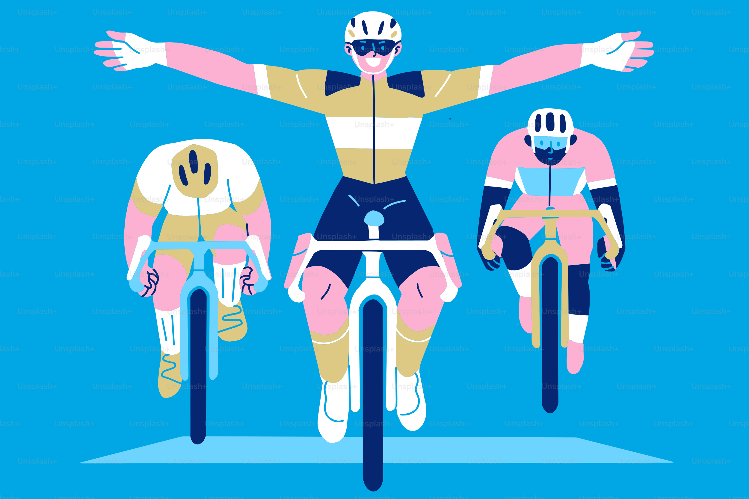 Tre ciclisti in gara con uno che festeggia la vittoria