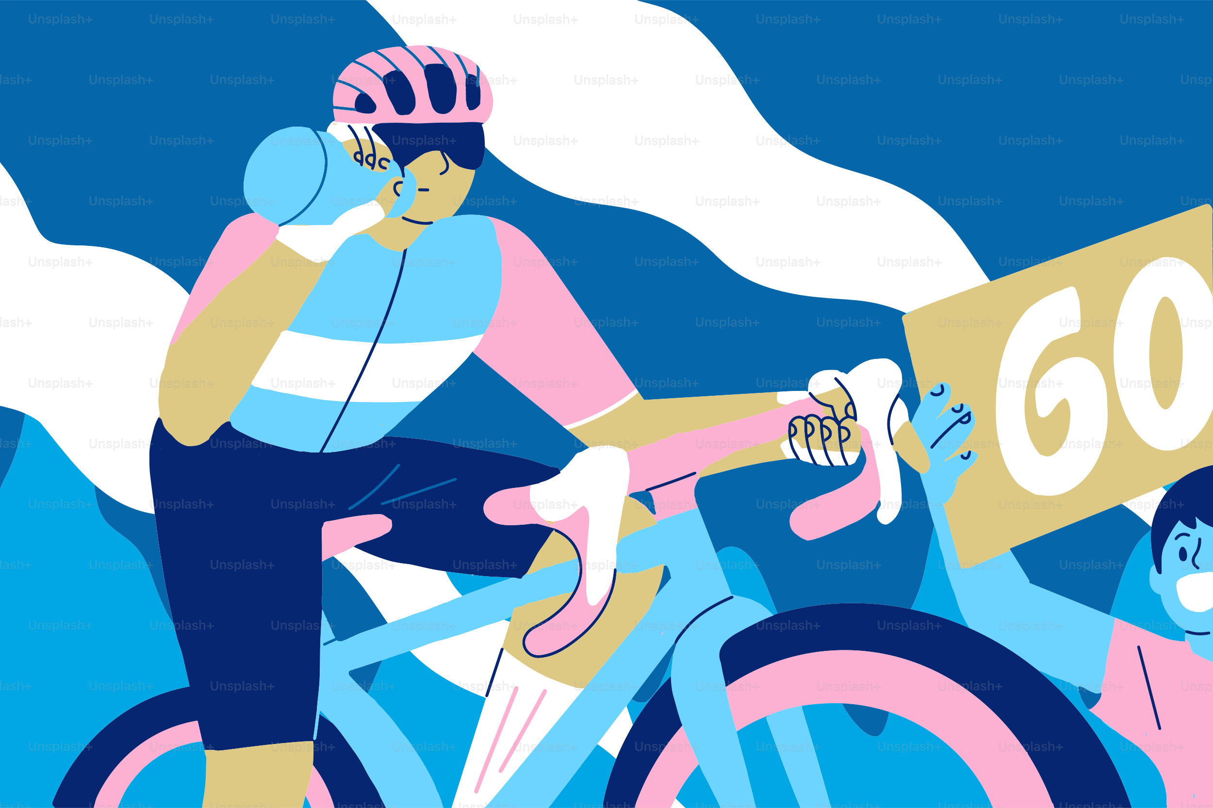 Ciclista che beve dalla bottiglia, supera il cartello "via"