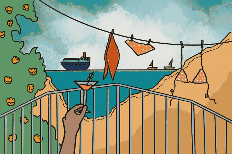 Cóctel en mano, vistas al mar, bañador secado, acantilado