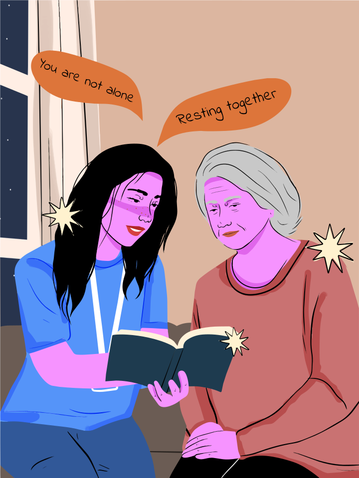 Femmes partageant un livre, message « vous n’êtes pas seules »