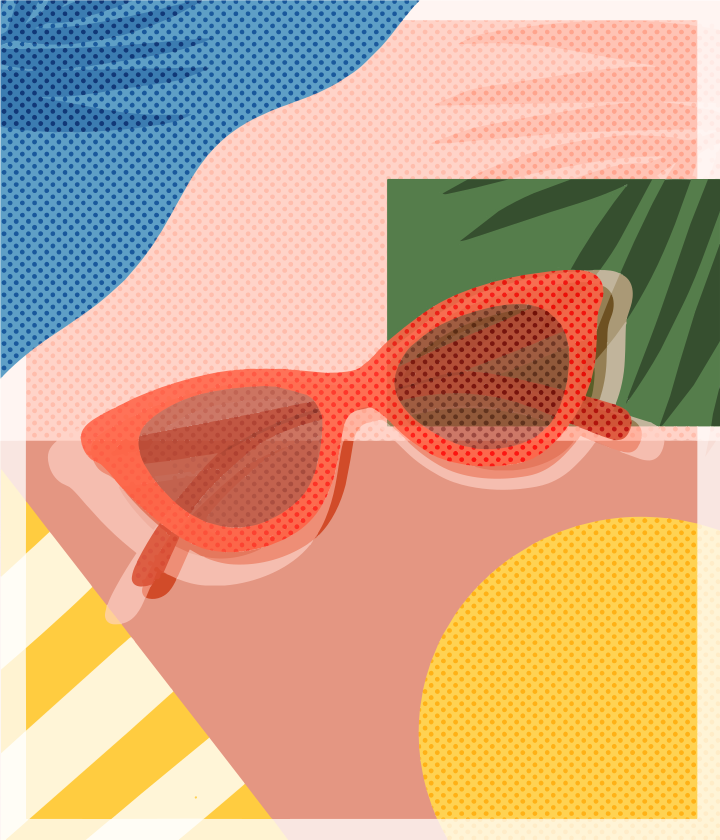 Lunettes de soleil œil de chat rouges sur fond d’été abstrait