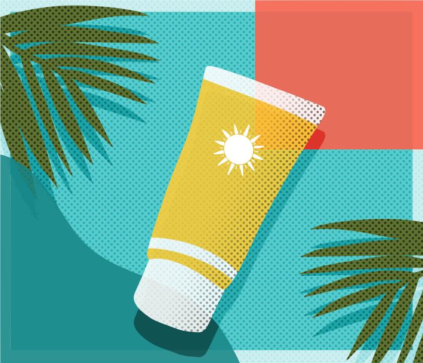 Tube de crème solaire jaune, feuilles de palmier et fond à motifs