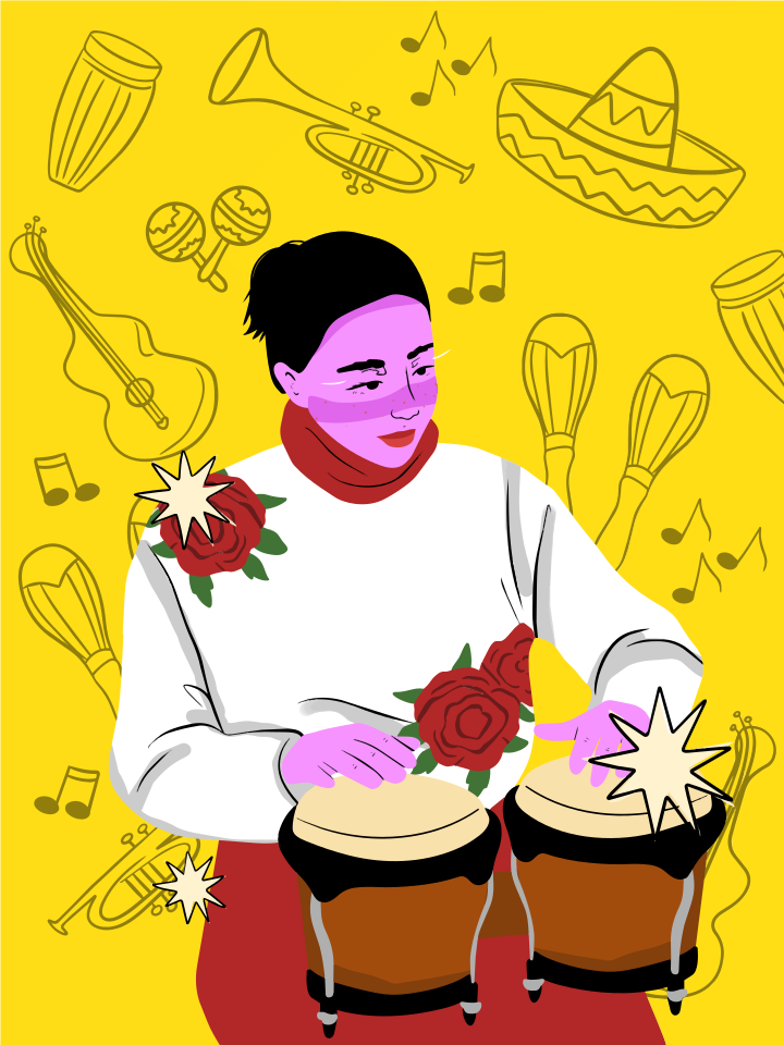 Personne jouant de bongos avec des contours d’instruments de musique