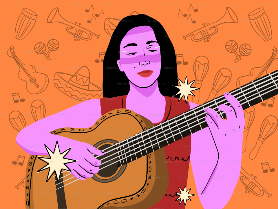 Femme jouant de la guitare, entourée d’illustrations d’instruments de musique