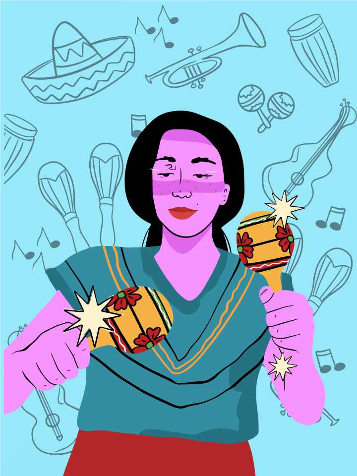 Femme jouant de maracas avec divers instruments de musique