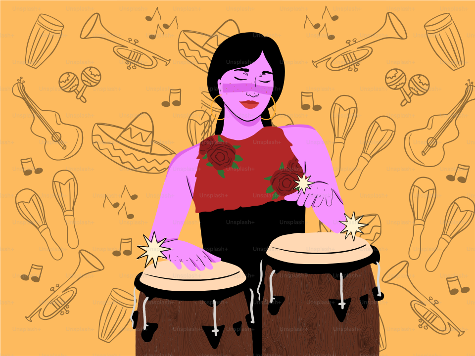 Femme jouant de la conga entourée d’instruments de musique