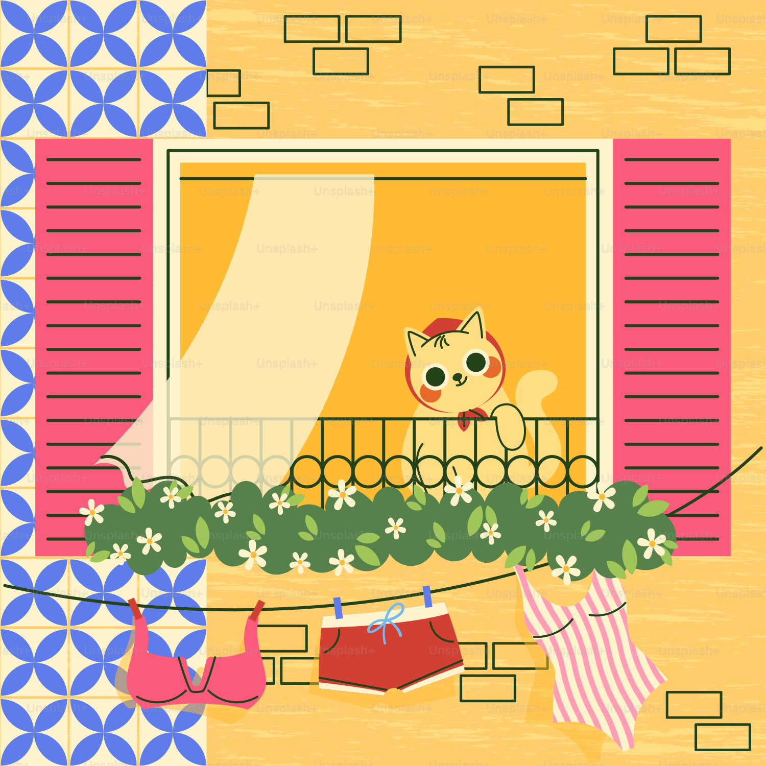 Gato de dibujos animados mirando por la ventana con la ropa colgada