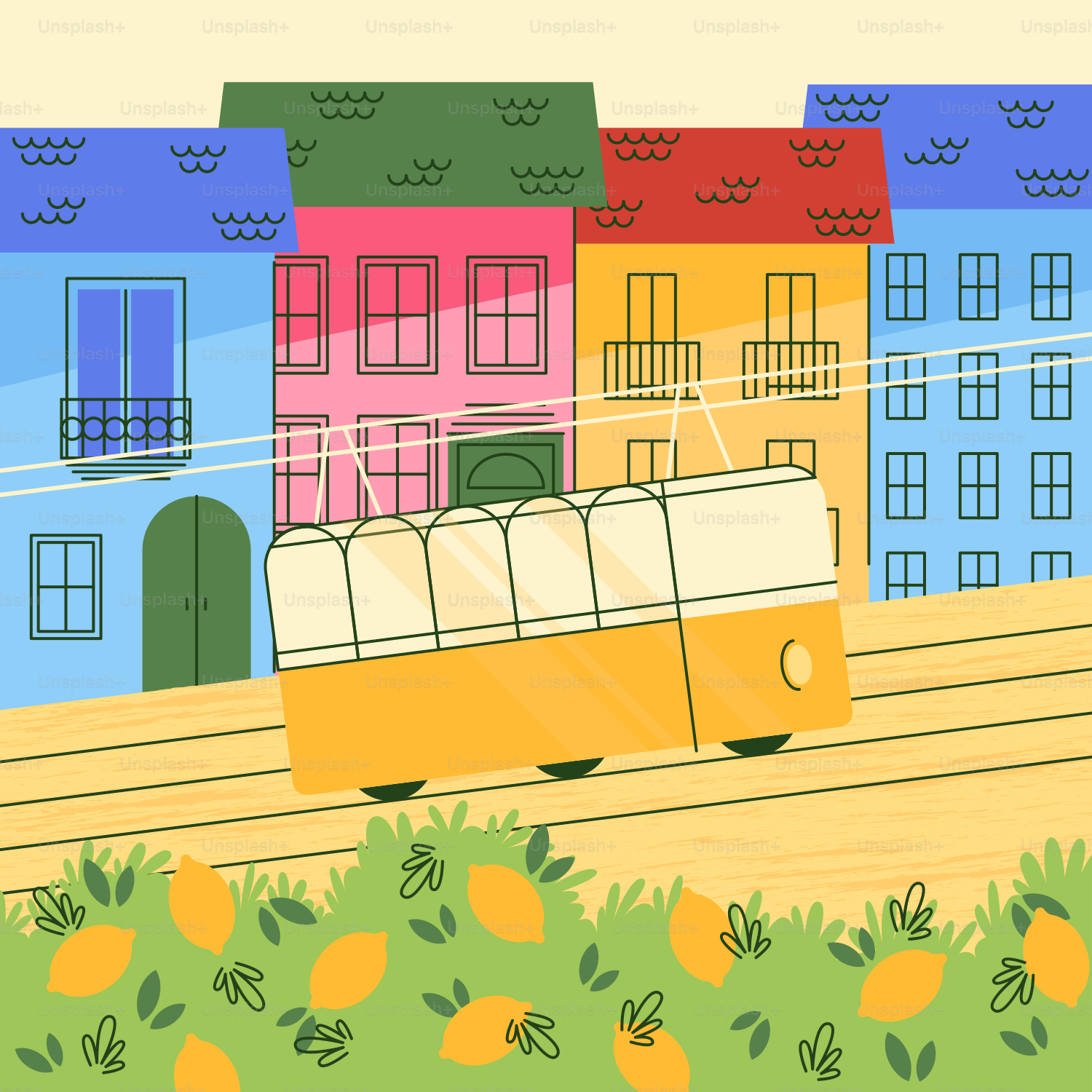Tranvía amarillo sobre vías, edificios coloridos, limoneros