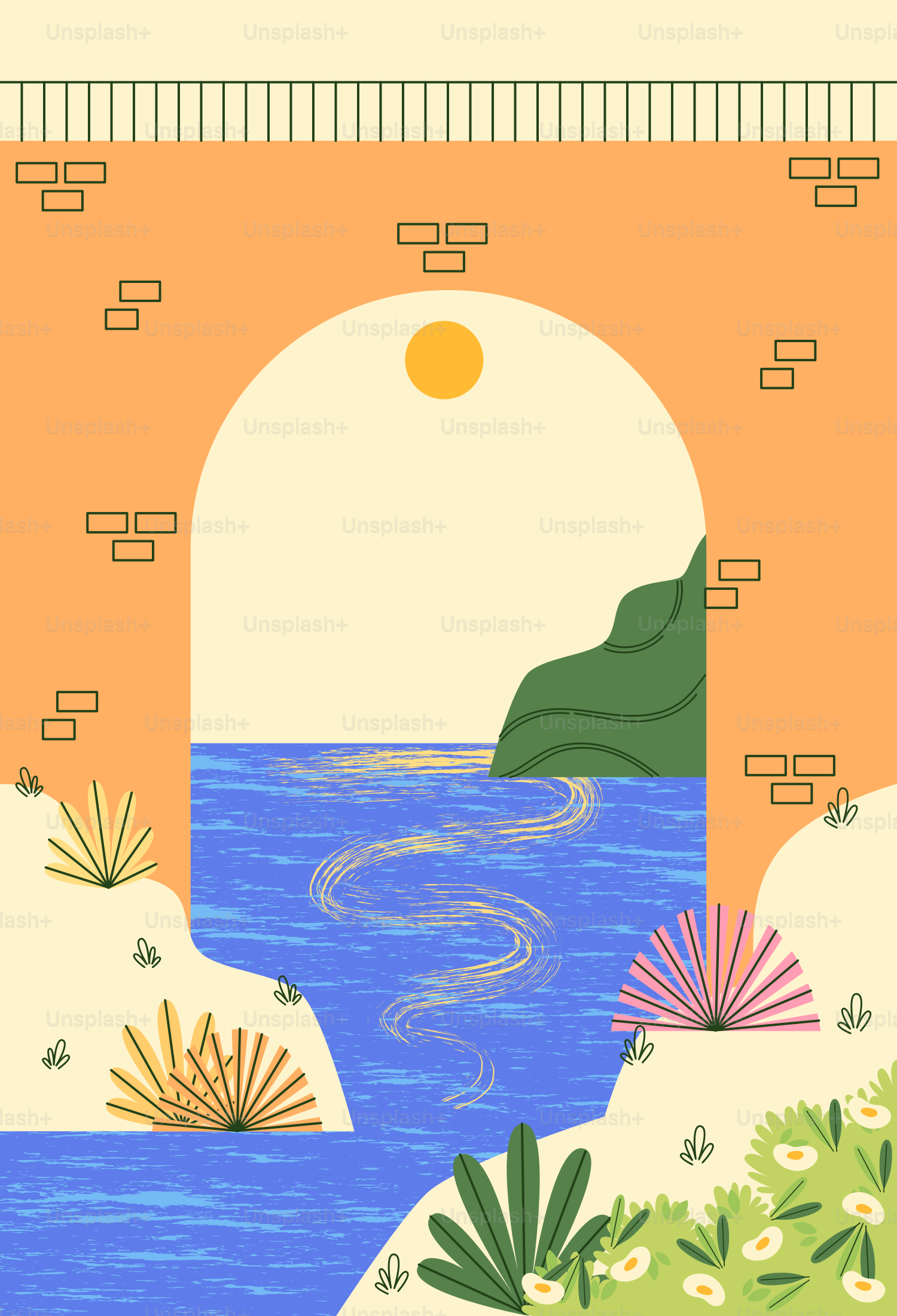 Un arco naranja enmarca agua azul, colinas verdes y sol