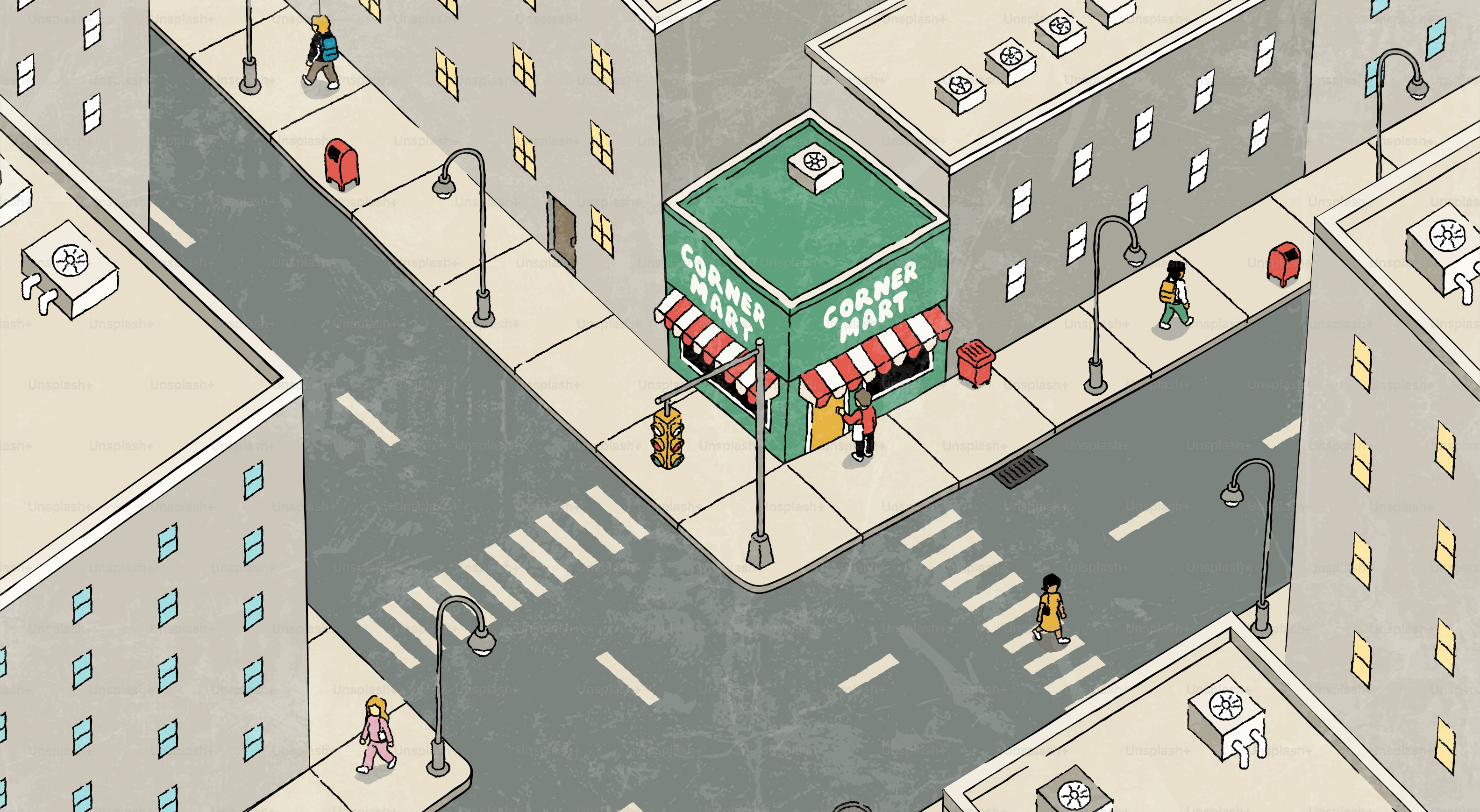 Sudut jalan kota isometrik dengan corner mart