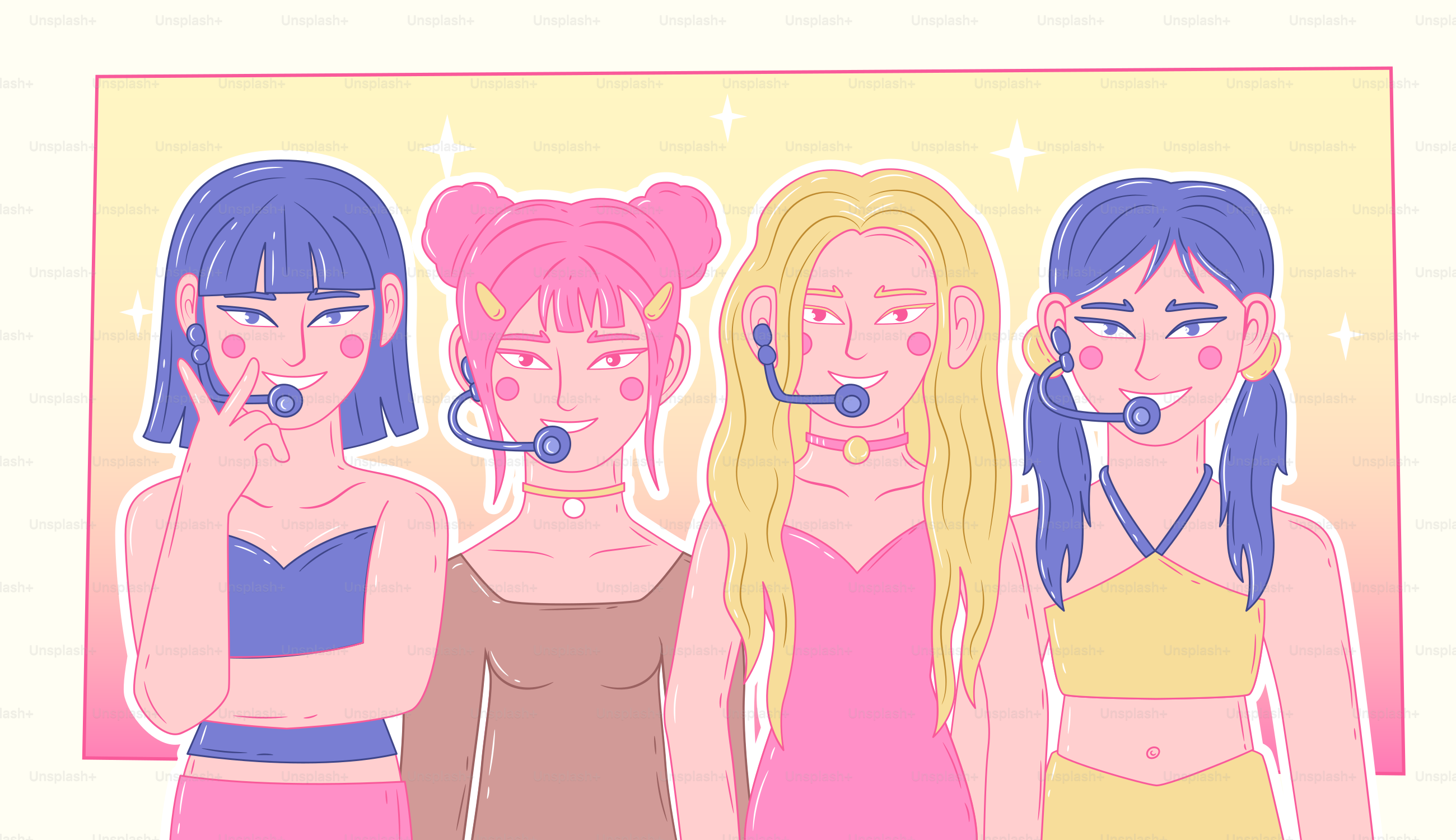 Ídolos de K-pop con micrófonos, ilustración pastel