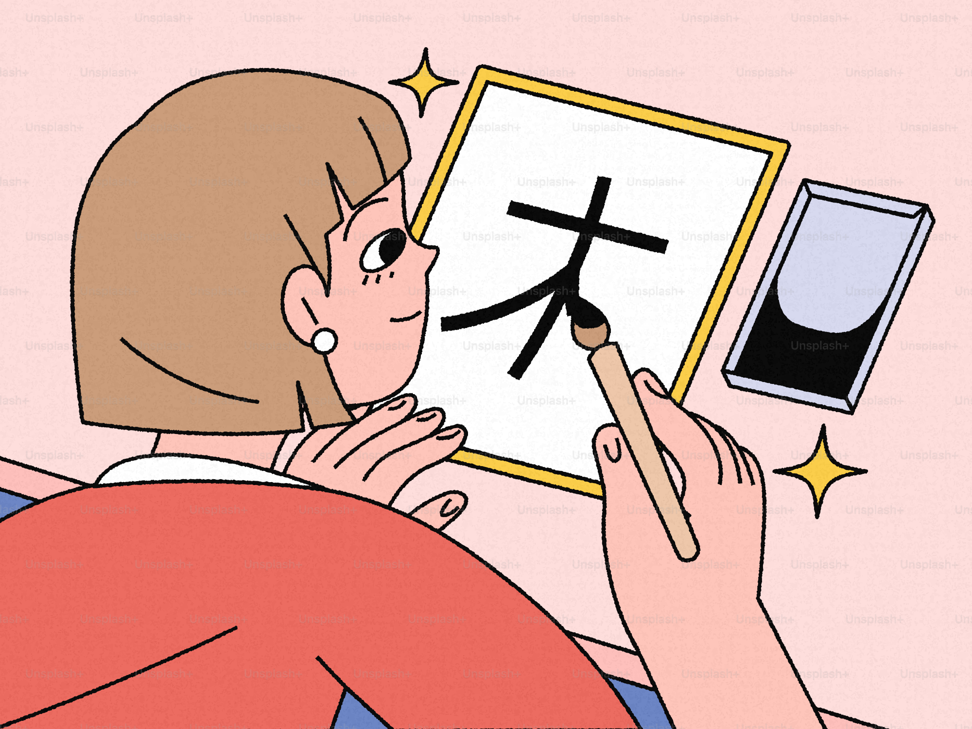 Mulher escrevendo caractere kanji com um pincel de caligrafia