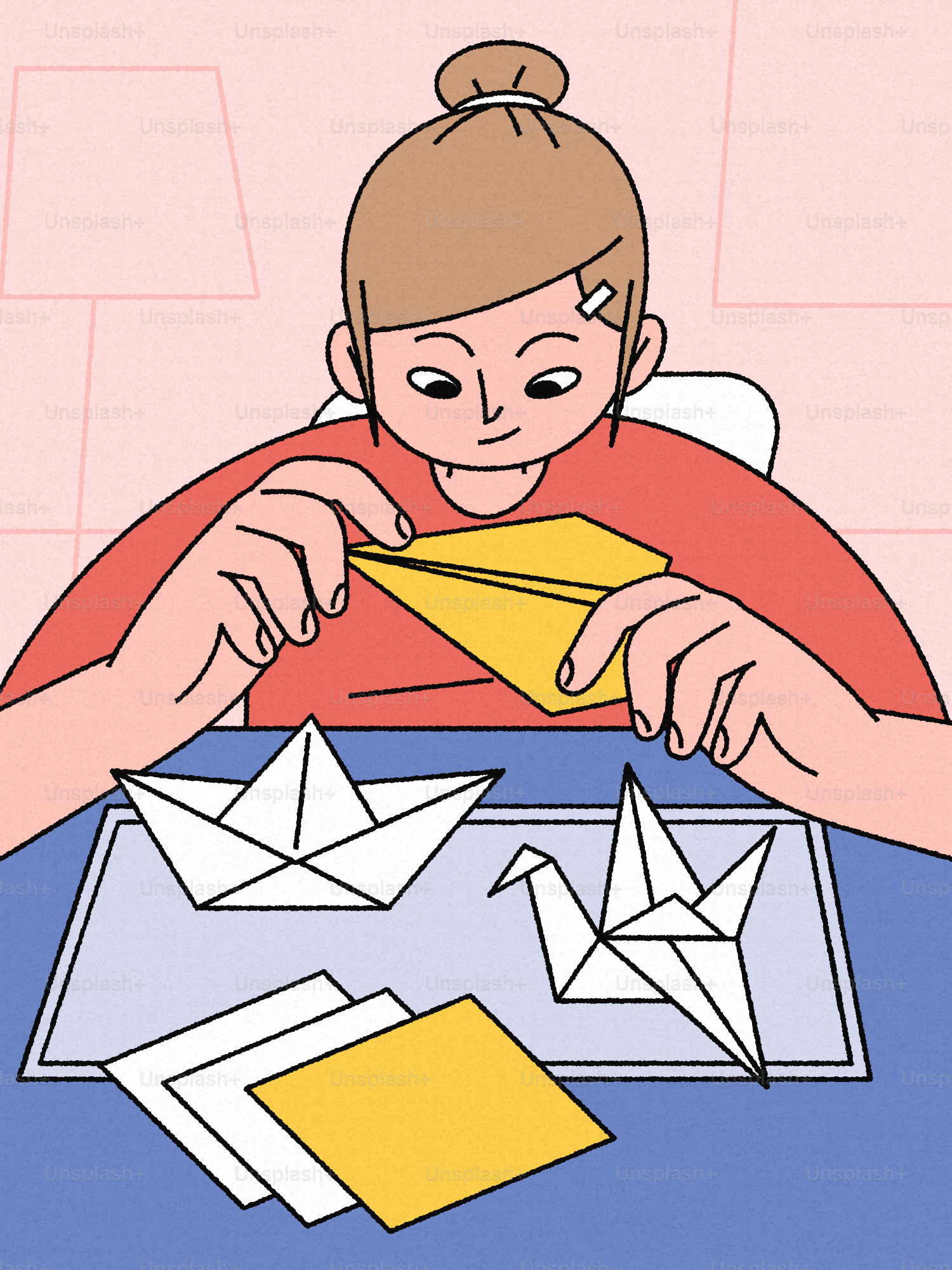 Jovem dobrar papel de origami com barco e guindaste