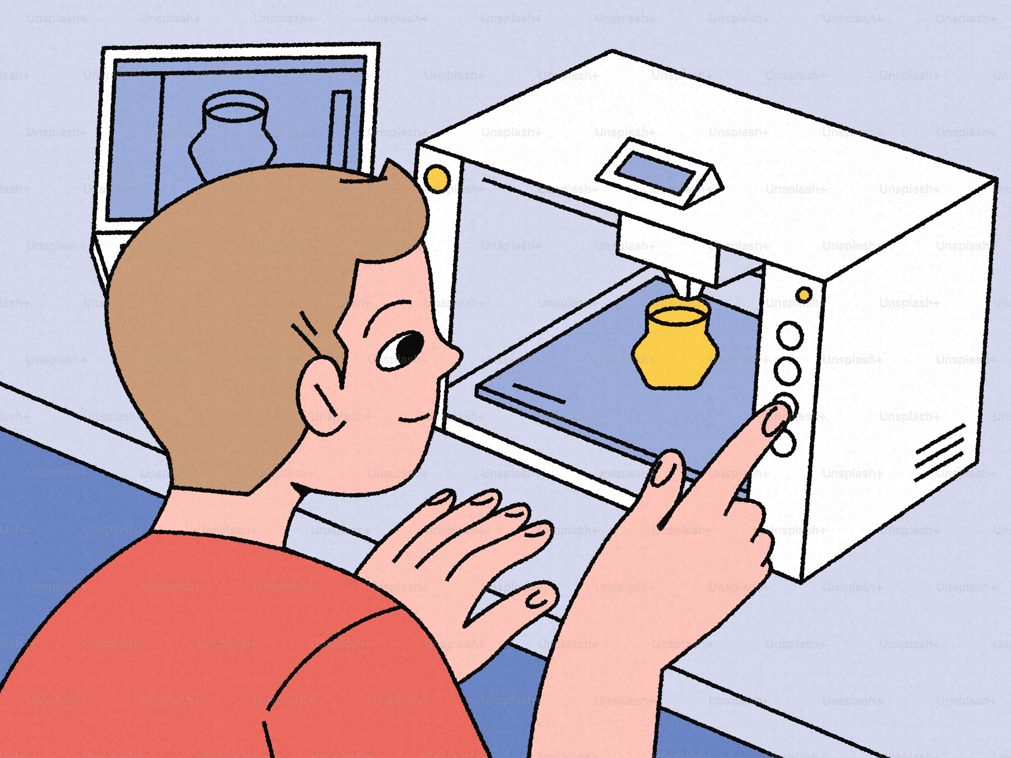 Homem usando impressora 3D criando um pote amarelo