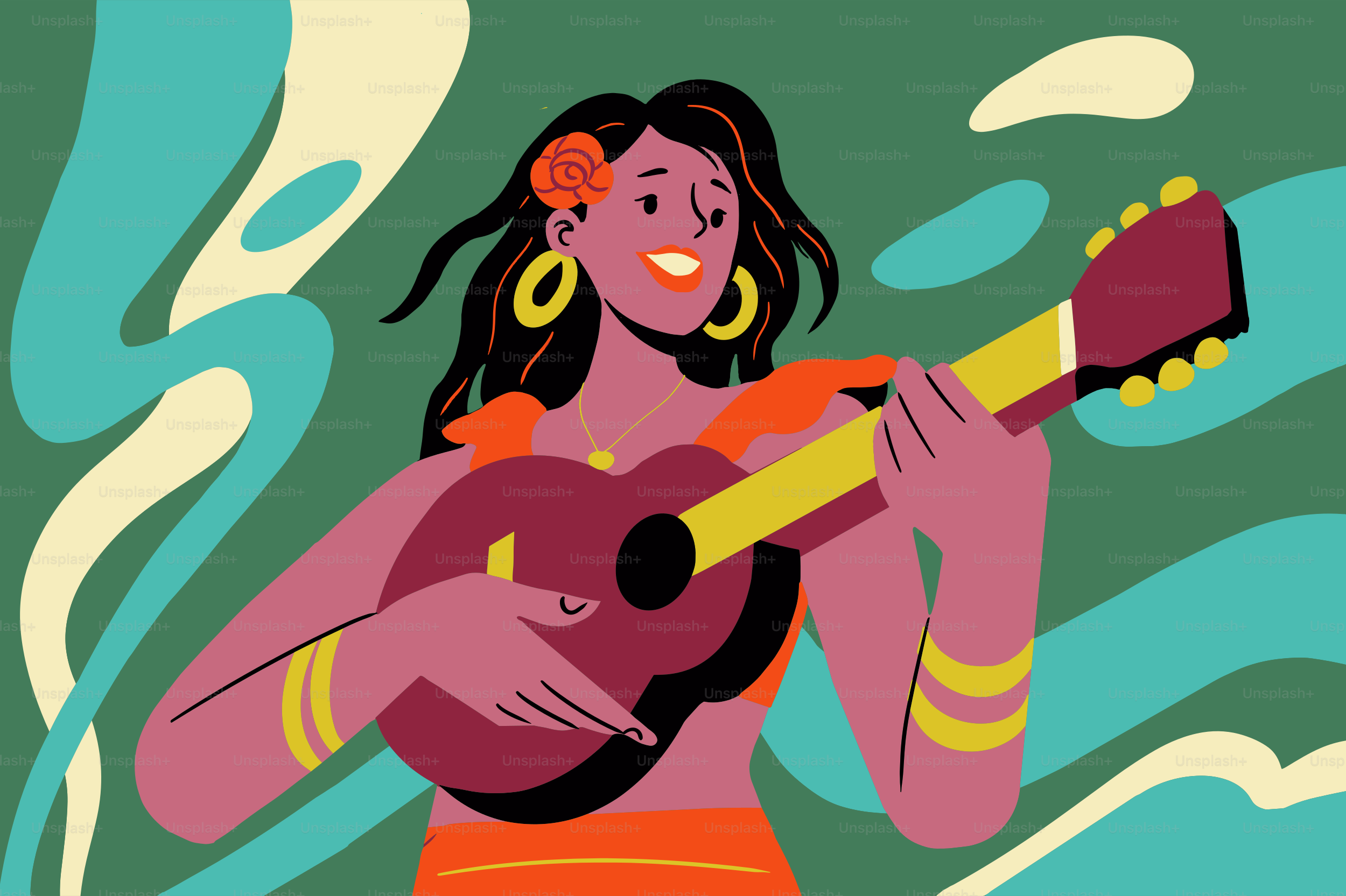 Donna che suona la chitarra in vivaci illustrazioni latine