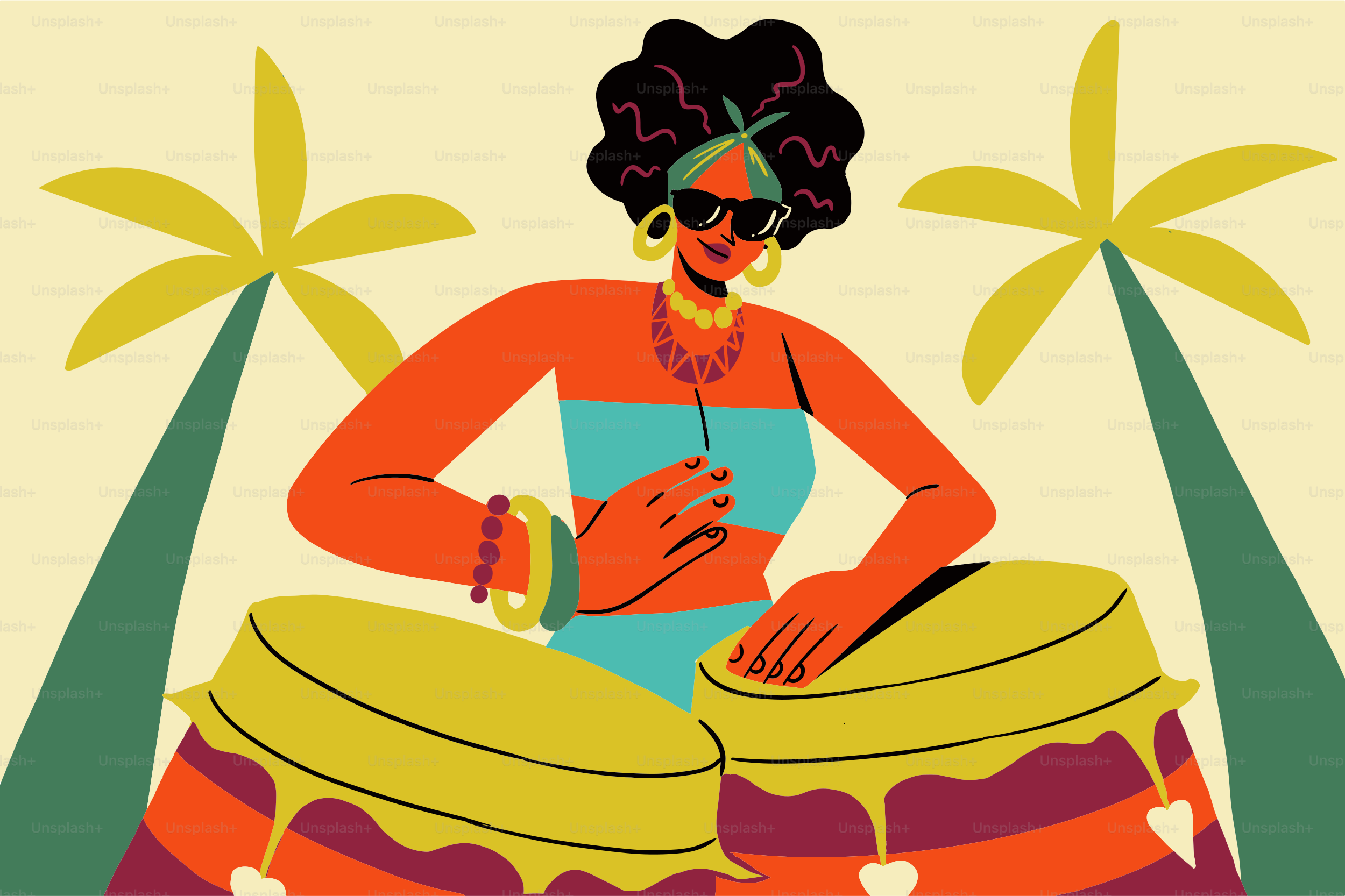 Donna che suona i tamburi bongo sotto le palme illustrazione