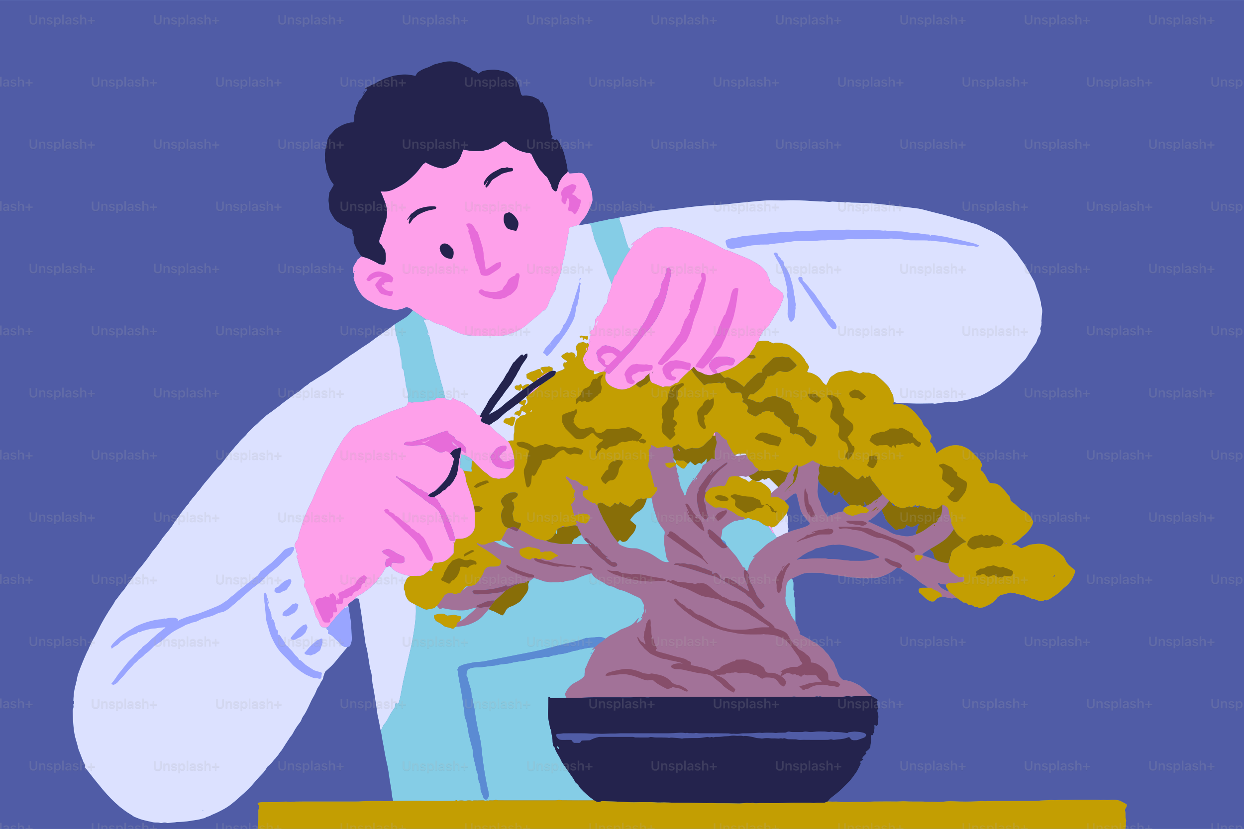 Giardiniere che sta pousando con cura un bonsai