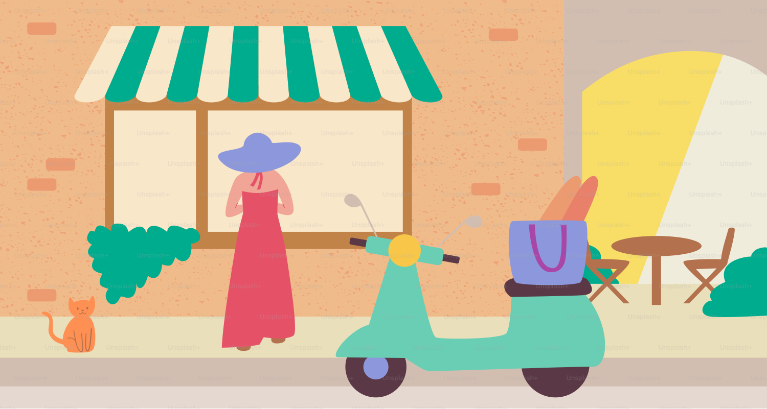 Woman, scooter with baguettes, and cat outside a shop