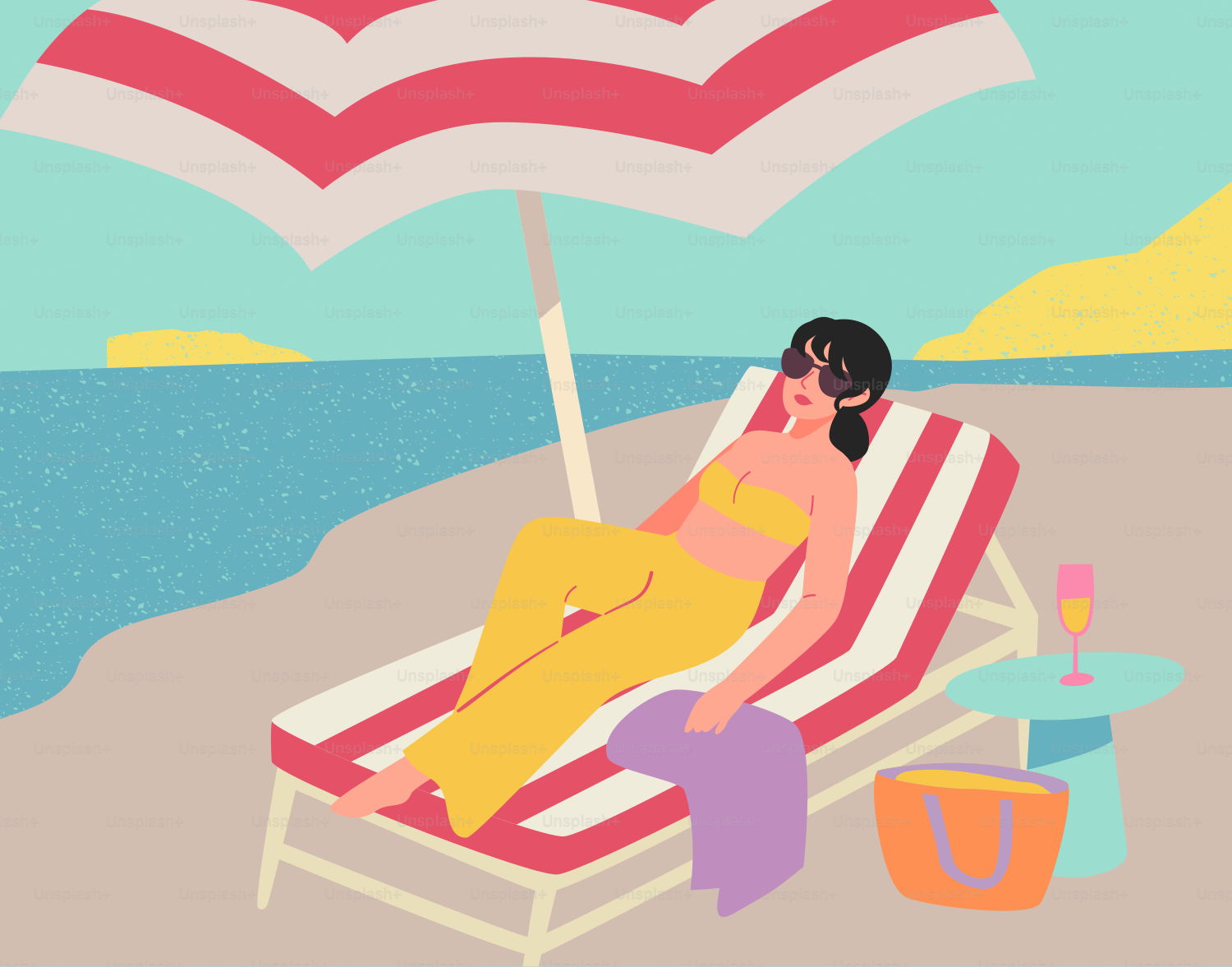 Woman relaxing on beach chair under striped umbrella