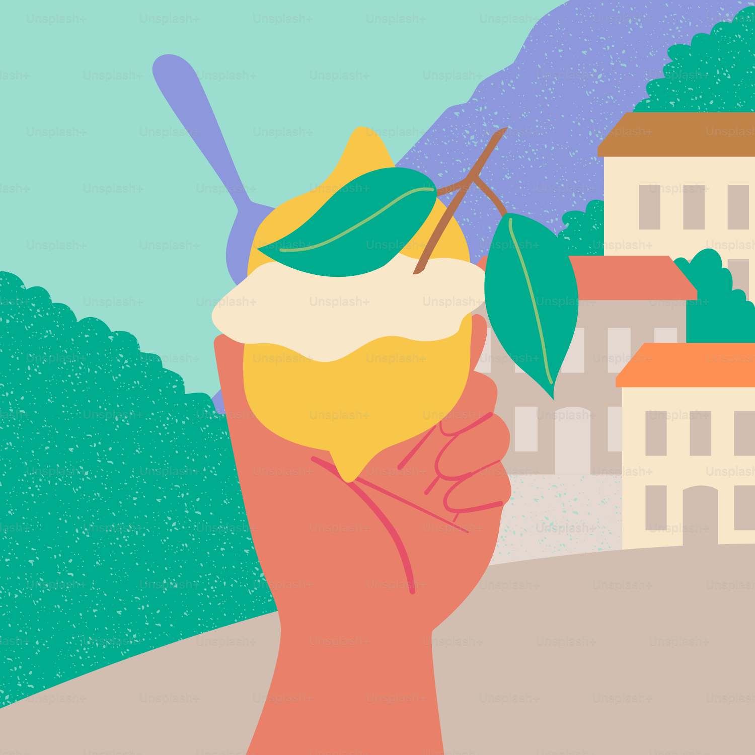 Hand holding lemon sorbet with village background