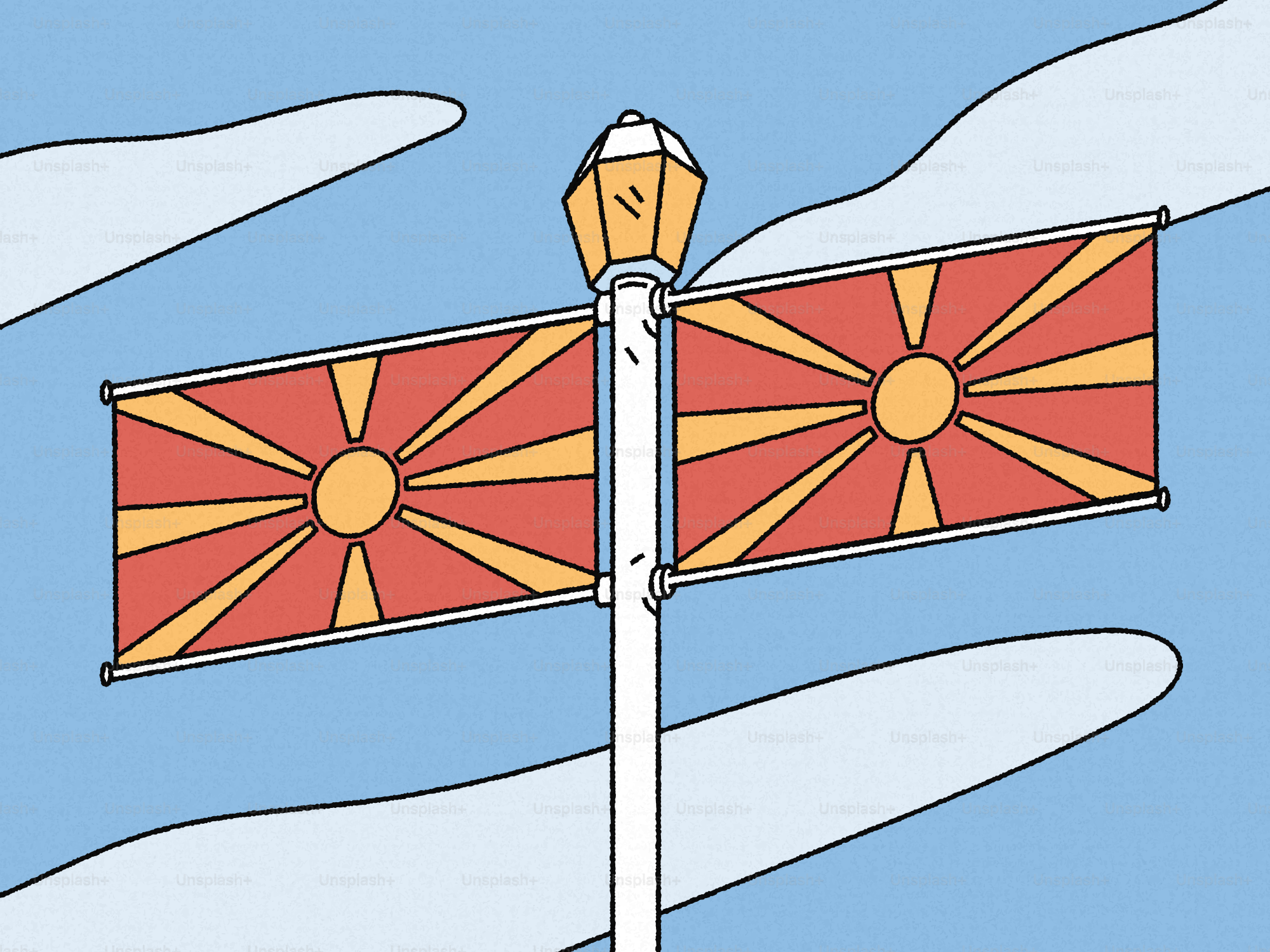 Duas bandeiras da Macedônia do Norte em um poste de luz