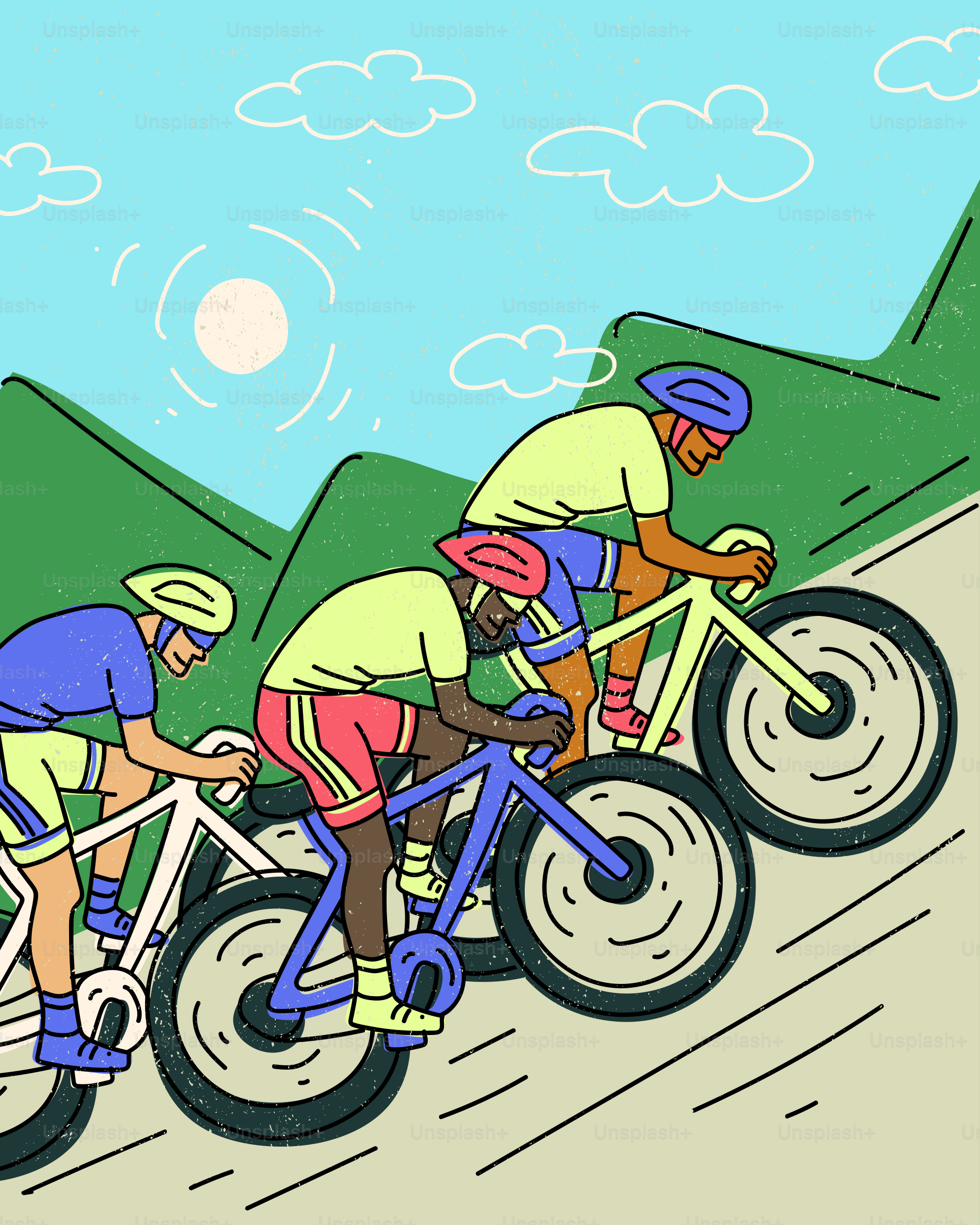 Professional cyclists riding uphill on a mountain road