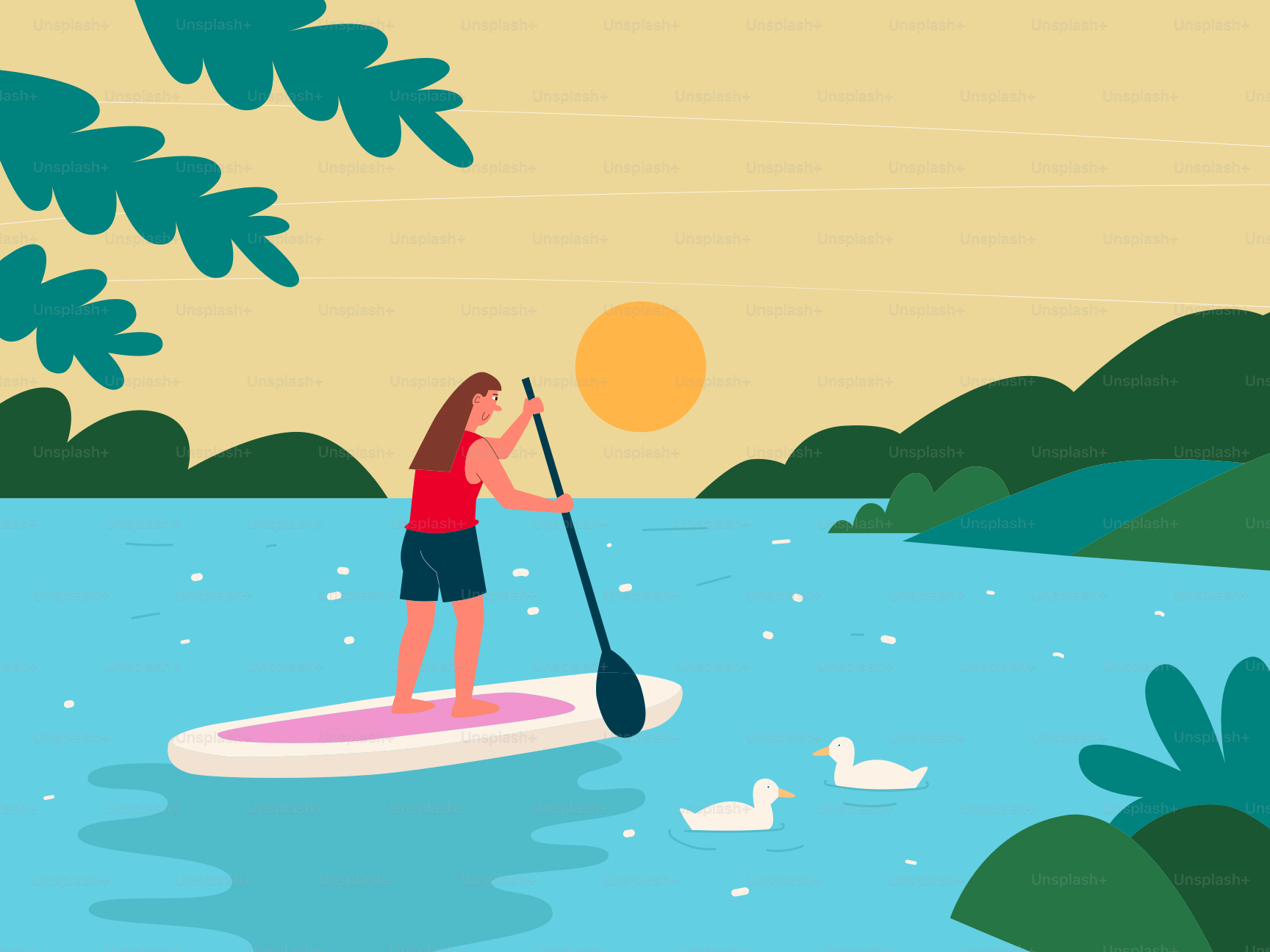 Wanita mendayung di danau dengan bebek saat matahari terbenam
