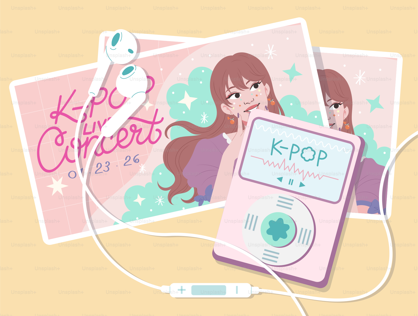 ピンクのK-POPプレーヤー、イヤホン、コンサートチケット