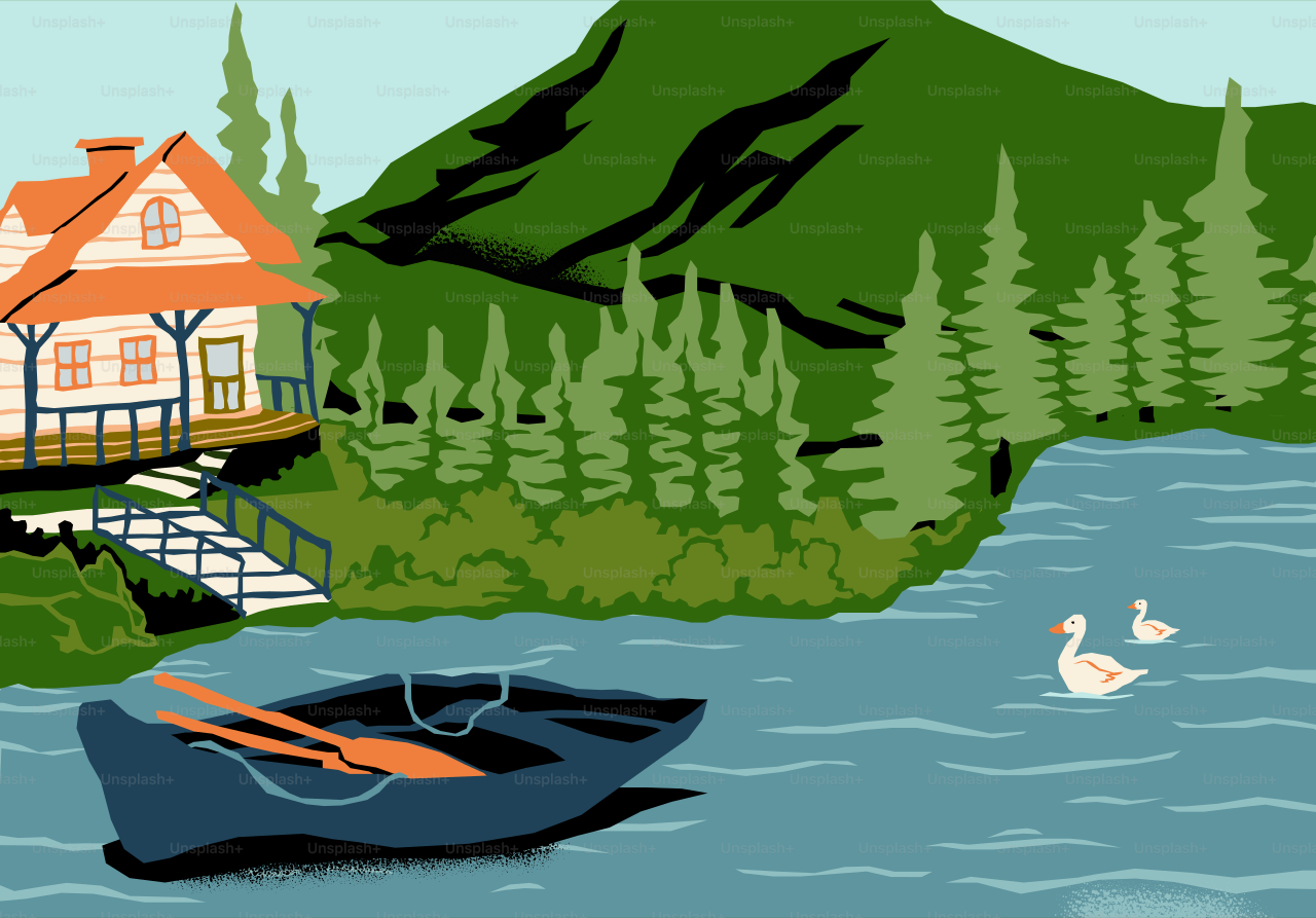 Lake cabin with mountains, boat, and swans