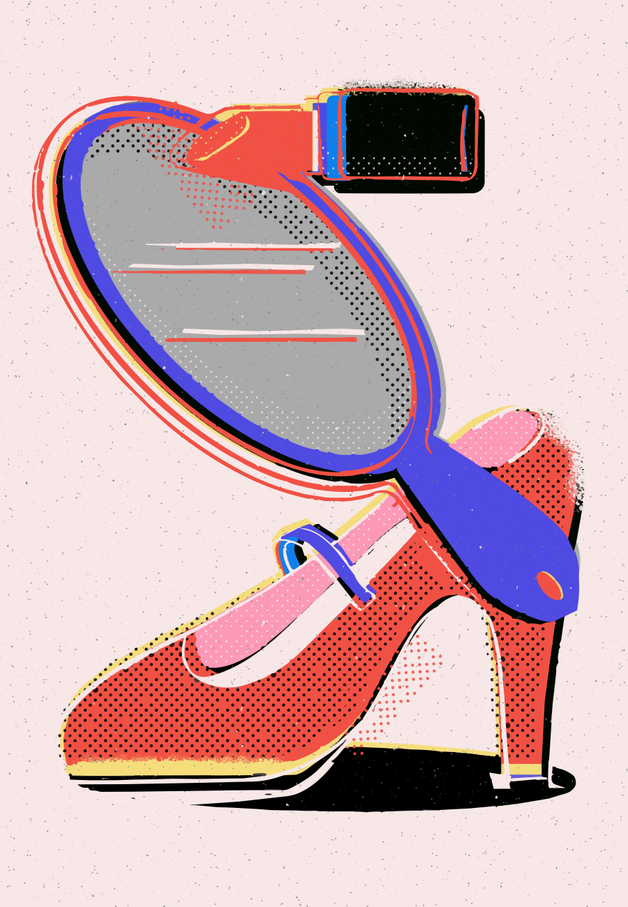 Halftone print of red high-heeled shoe and hand mirror