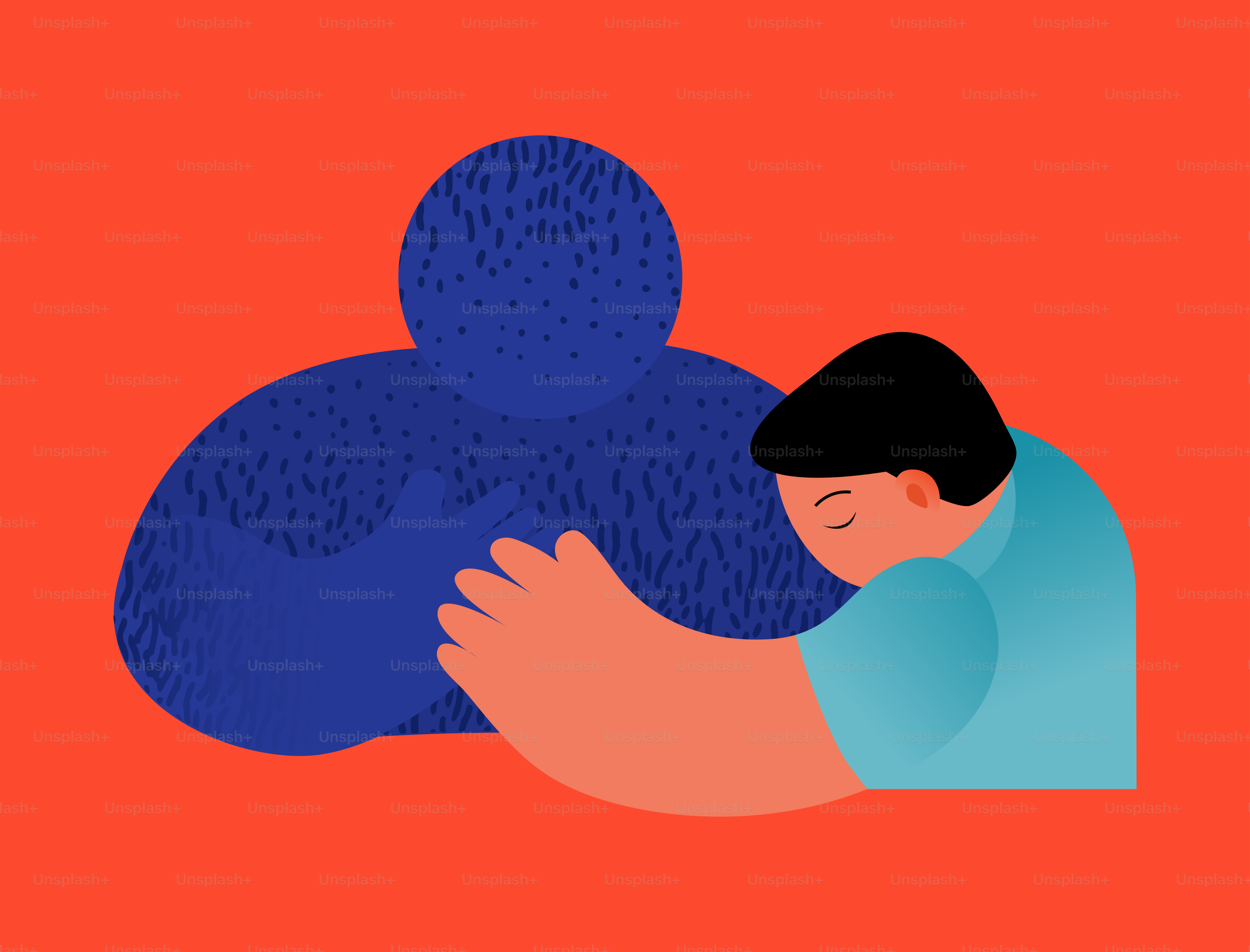 Personne s’inclinant les mains jointes devant une silhouette bleue abstraite