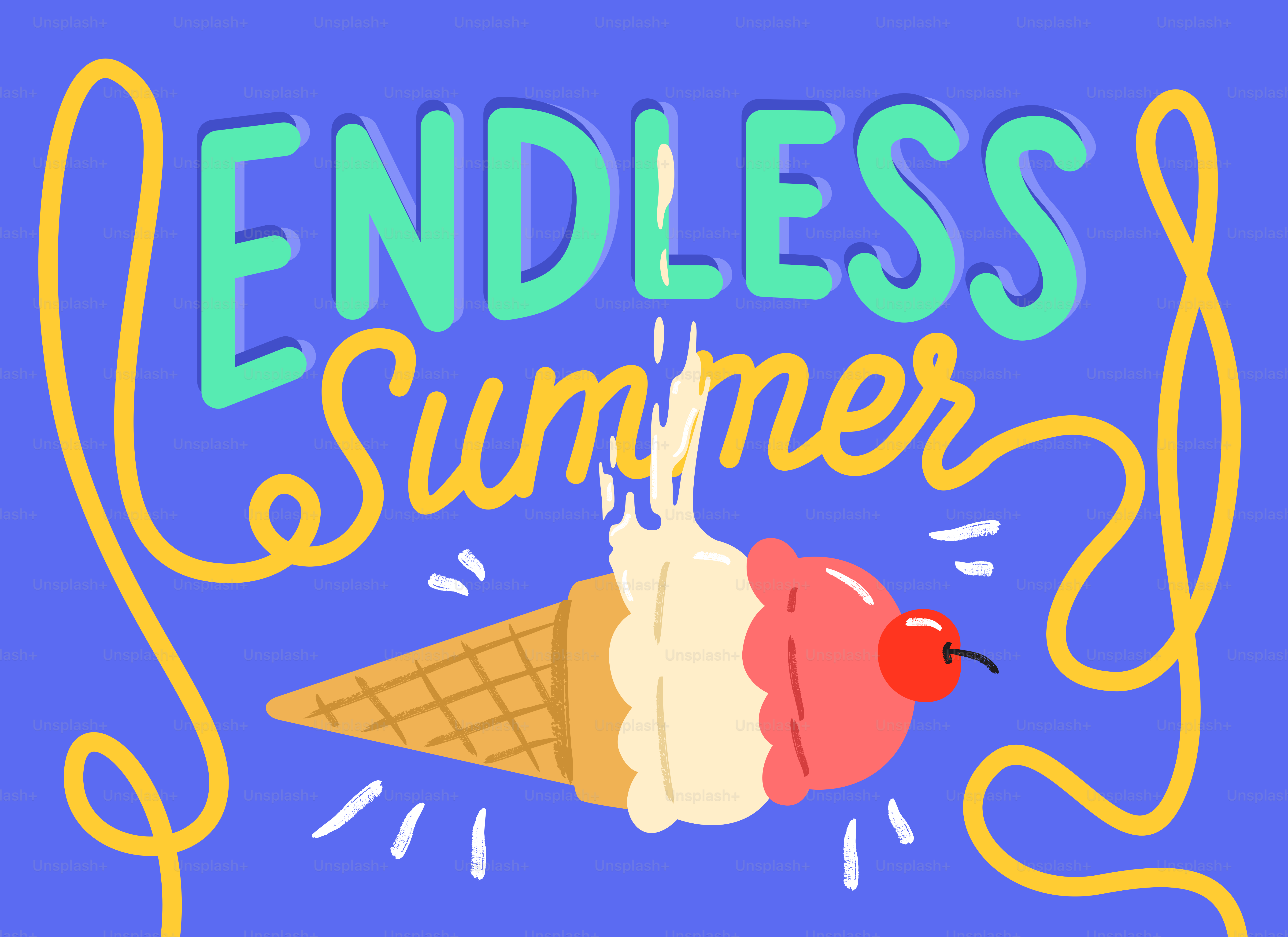 Letras de verão infinitas acima do sorvete derretendo