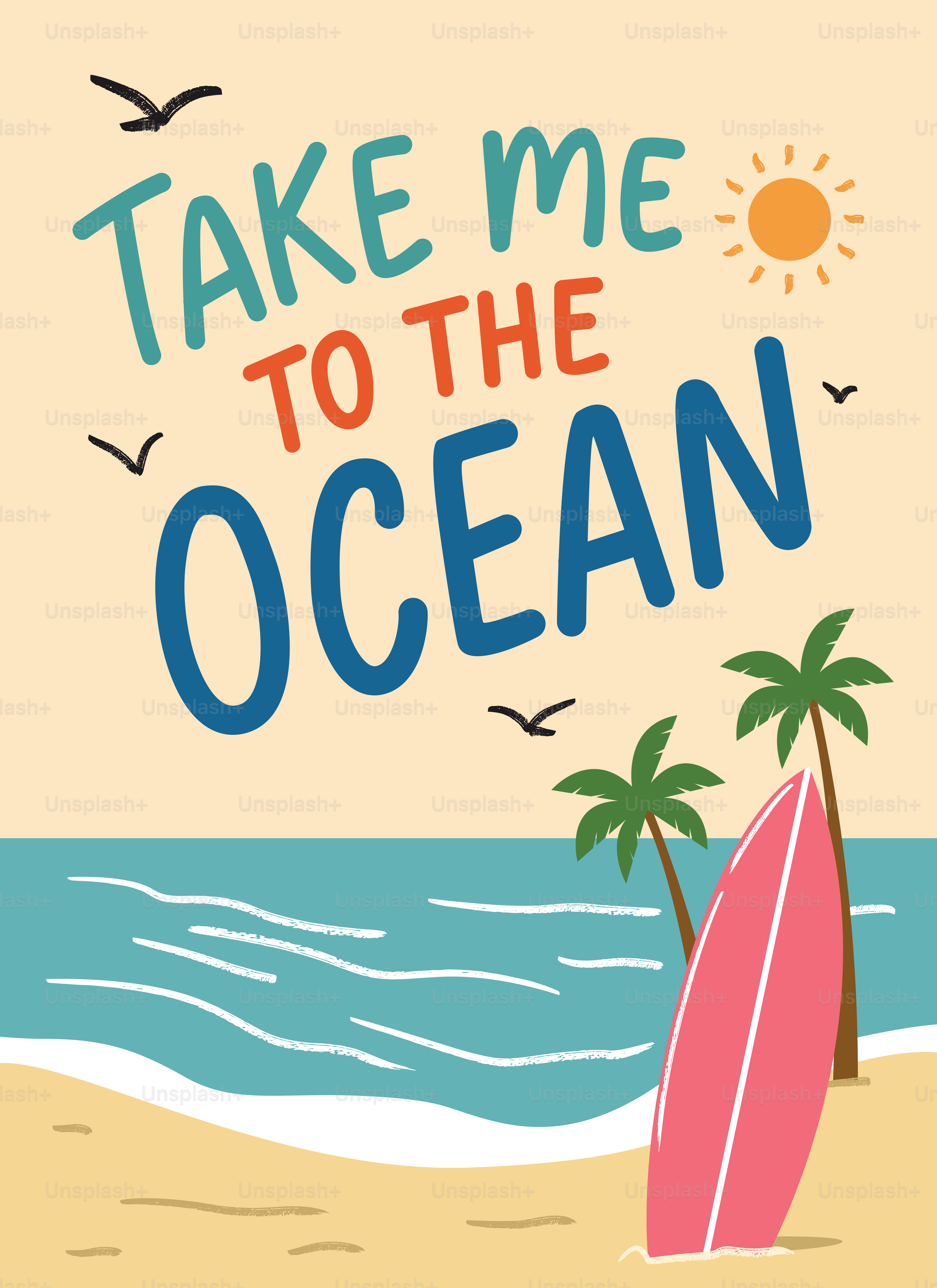 Texto "Leve-me ao Oceano" na ilustração da praia