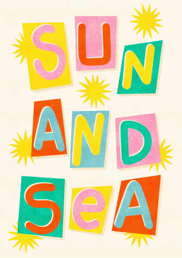 Colorful cut-out letters spelling sun and sea