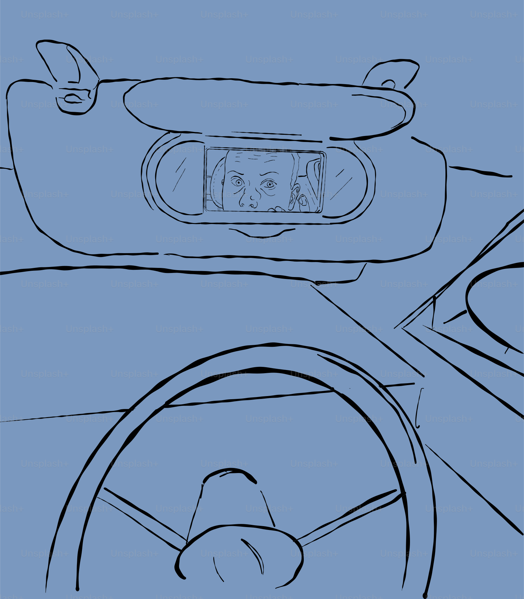 Reflet du conducteur dans le rétroviseur de la voiture