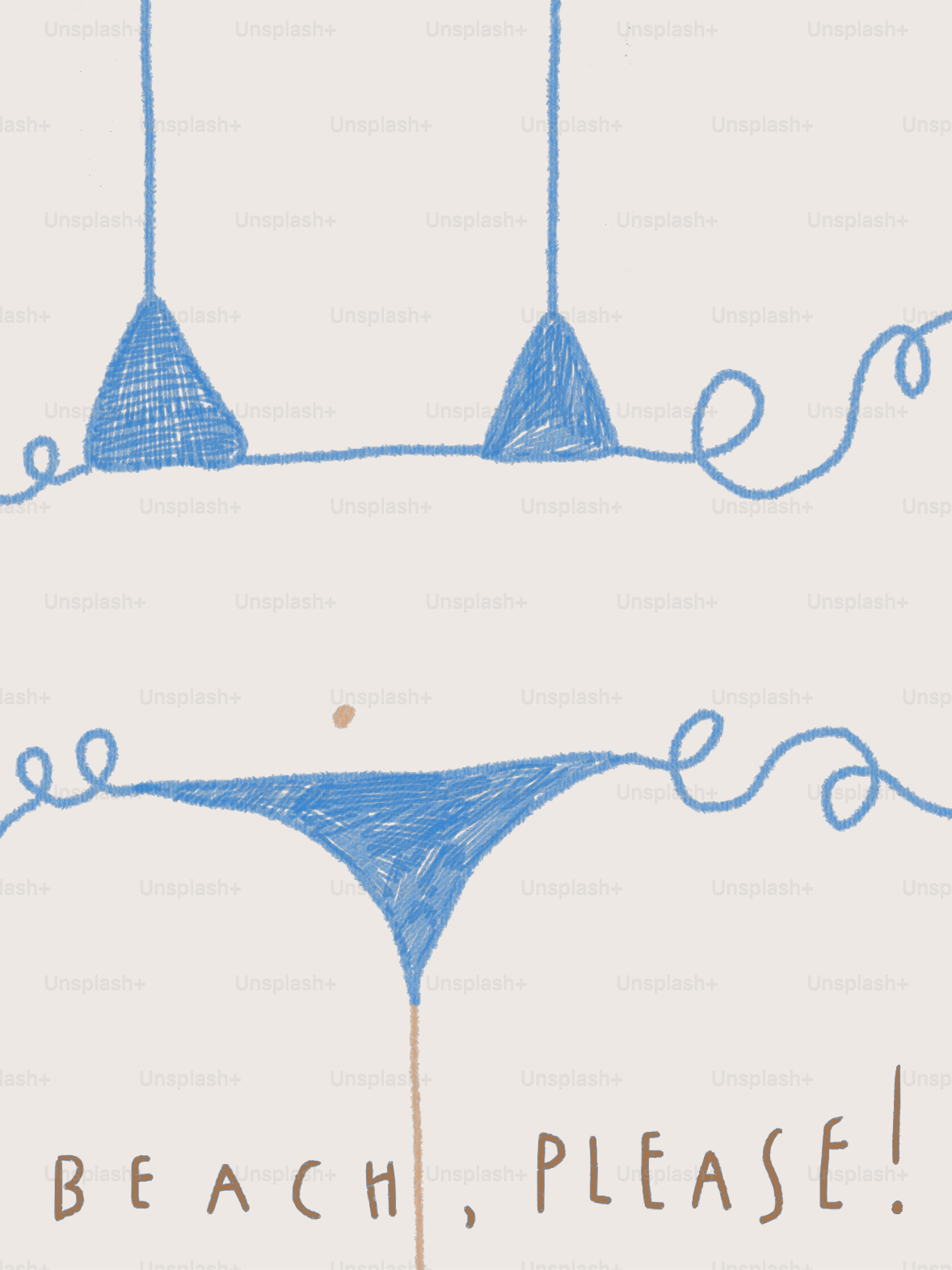 Ilustrasi bikini biru dengan teks 'pantai, tolong!'