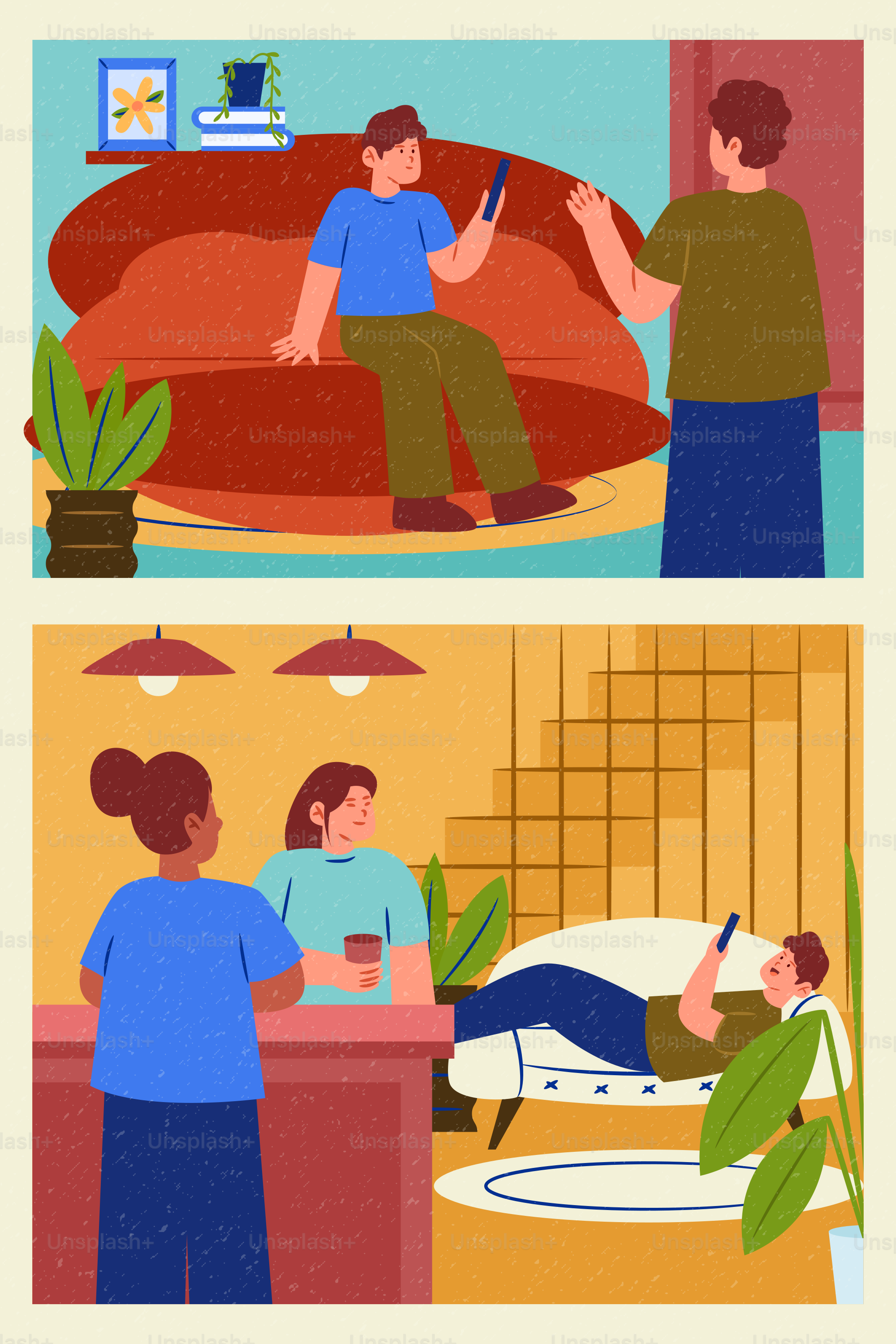 People relaxing indoors, some using mobile phones