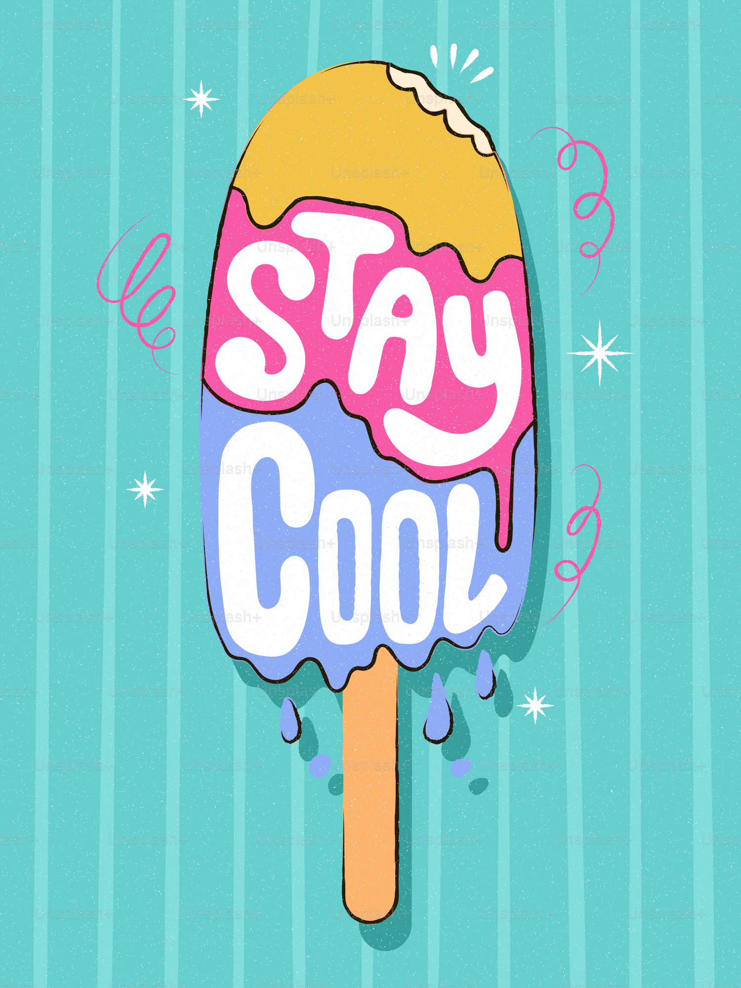 Mensaje "Stay Cool" en Tolting Ice, fondo de rayas