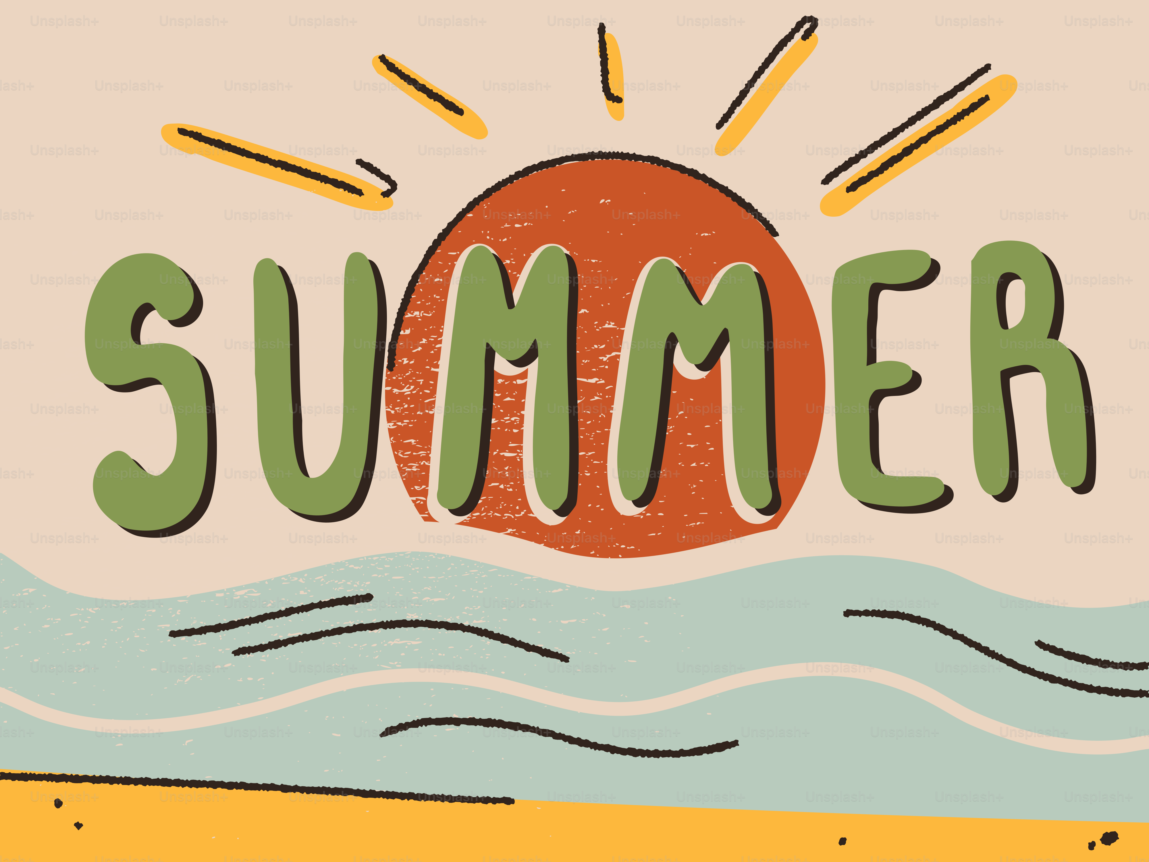 太陽と海の波を描いた夏の文字