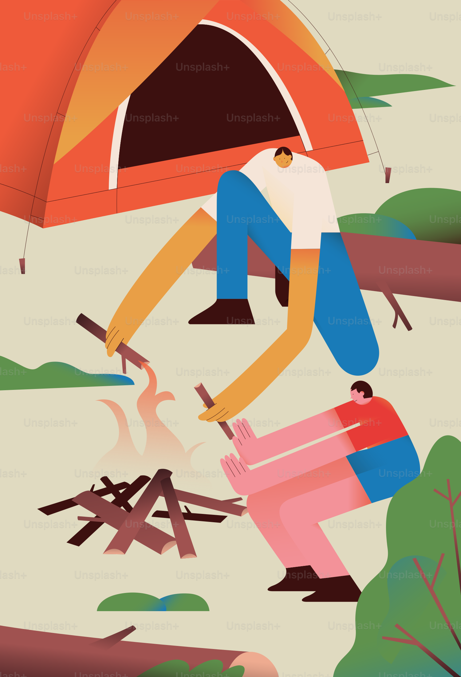 Campers building a fire beside an orange tent