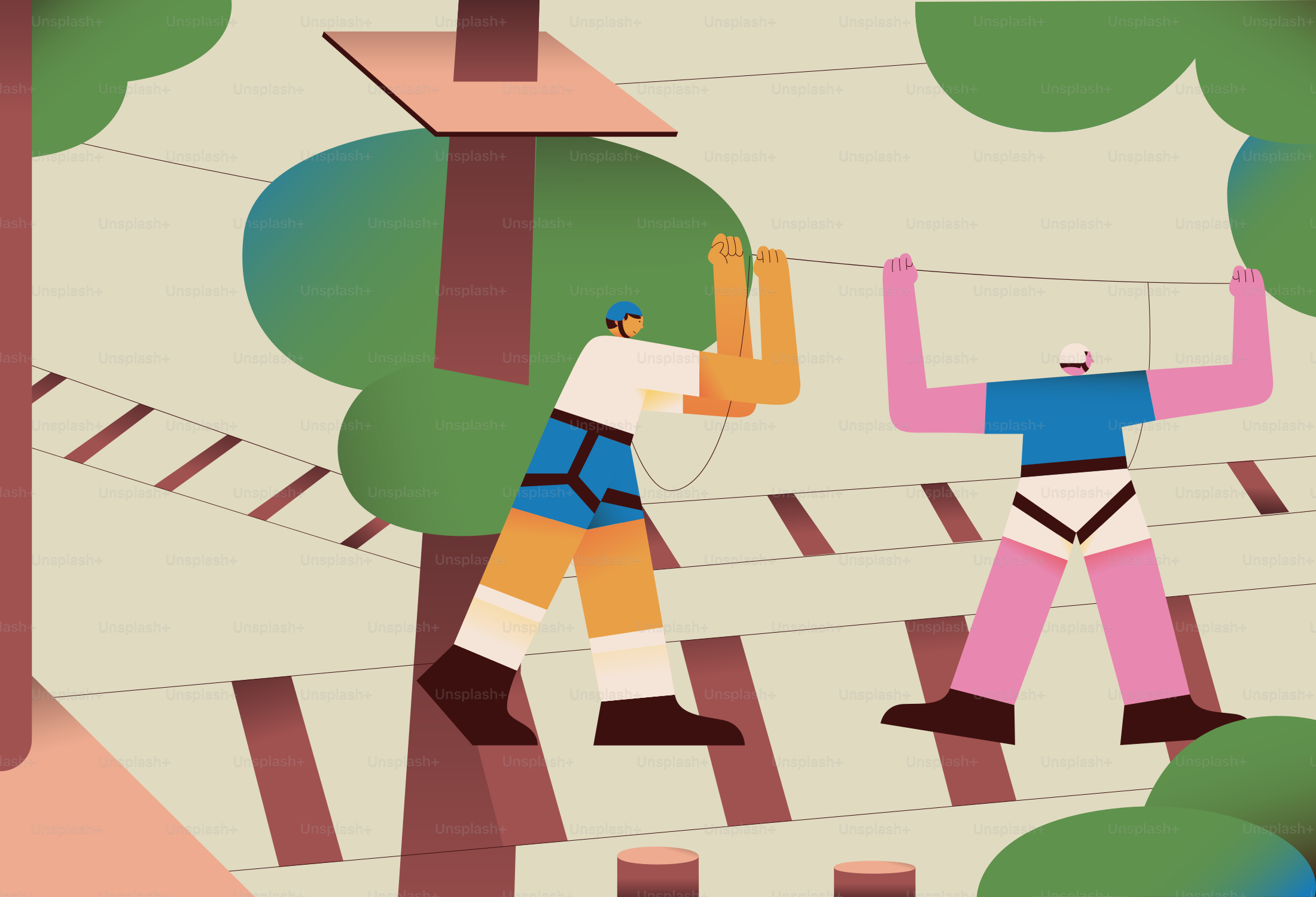 People navigating a high ropes course
