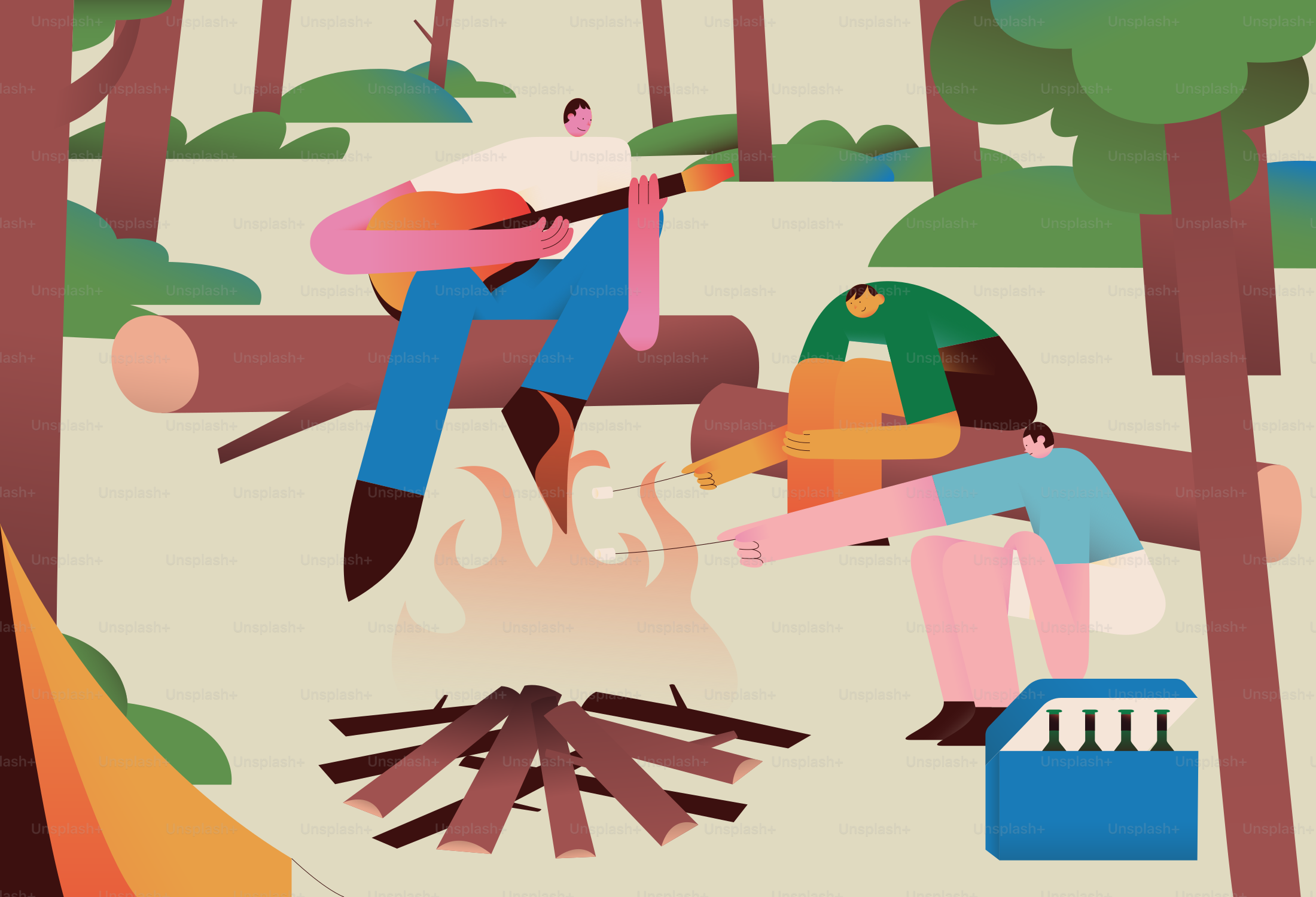 People camping in forest playing guitar by campfire